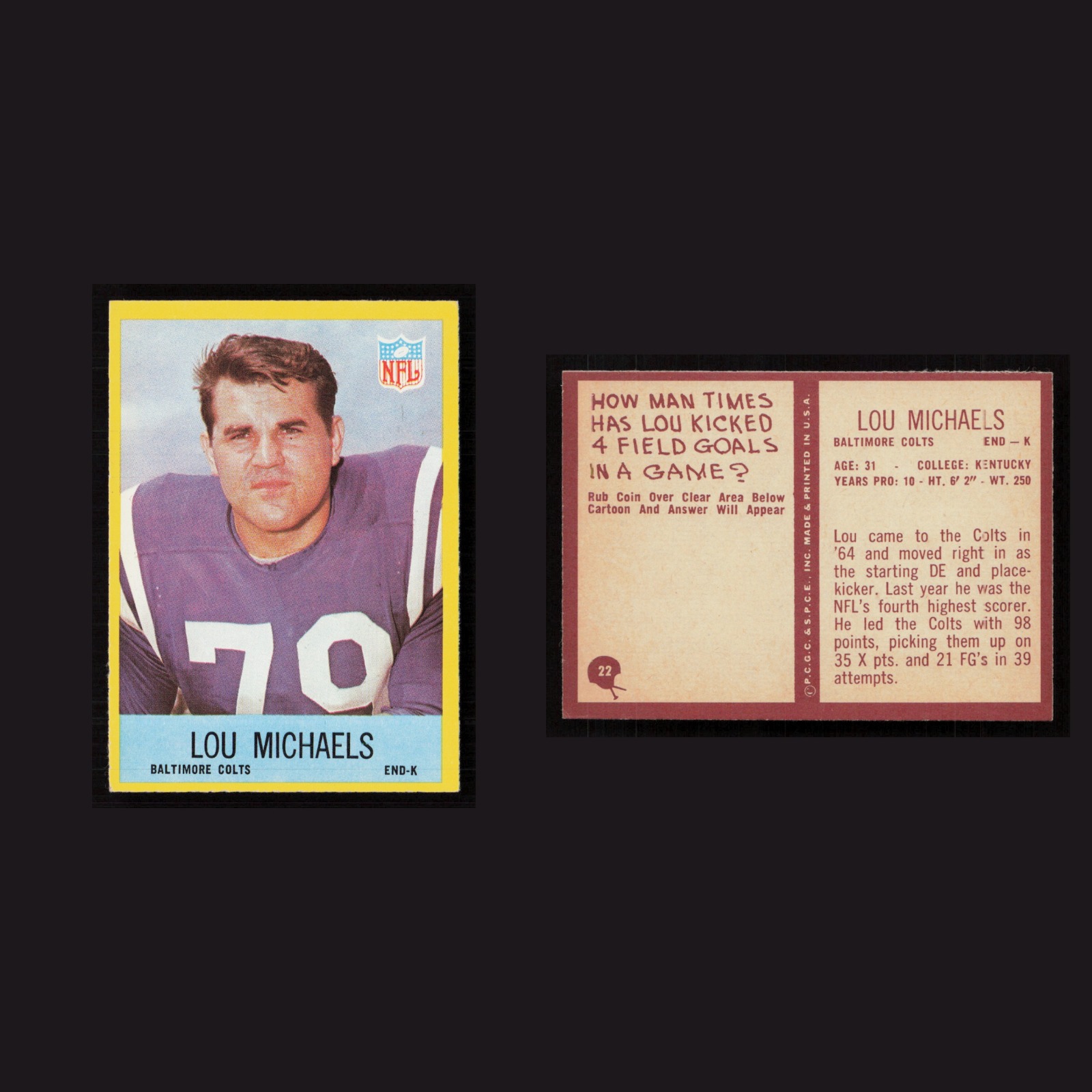 1967 Lou Michaels #22 NM-MT Philadelphia Baltimore Colts Vintage Football Card front and back scans. Card condition is Near Mint.