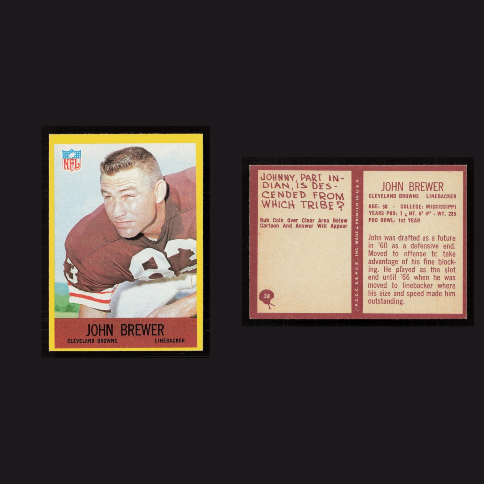 1967 John Brewer #38 MINT Philadelphia Cleveland Browns Vintage Football Card front and back scans. Card condition is Near Mint.