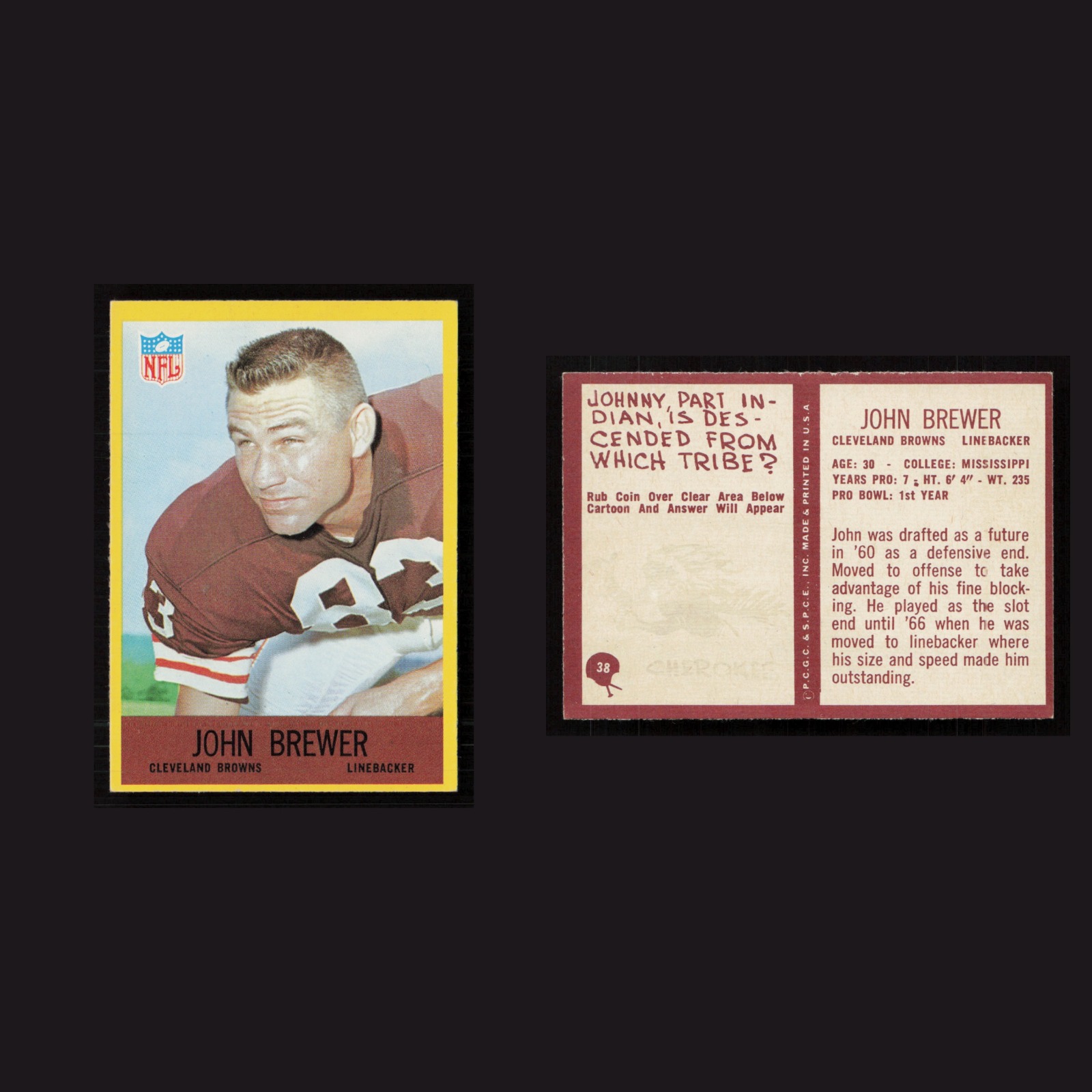 1967 John Brewer #38 NM-MT Philadelphia Cleveland Browns Vintage Football Card front and back scans. Card condition is Near Mint.