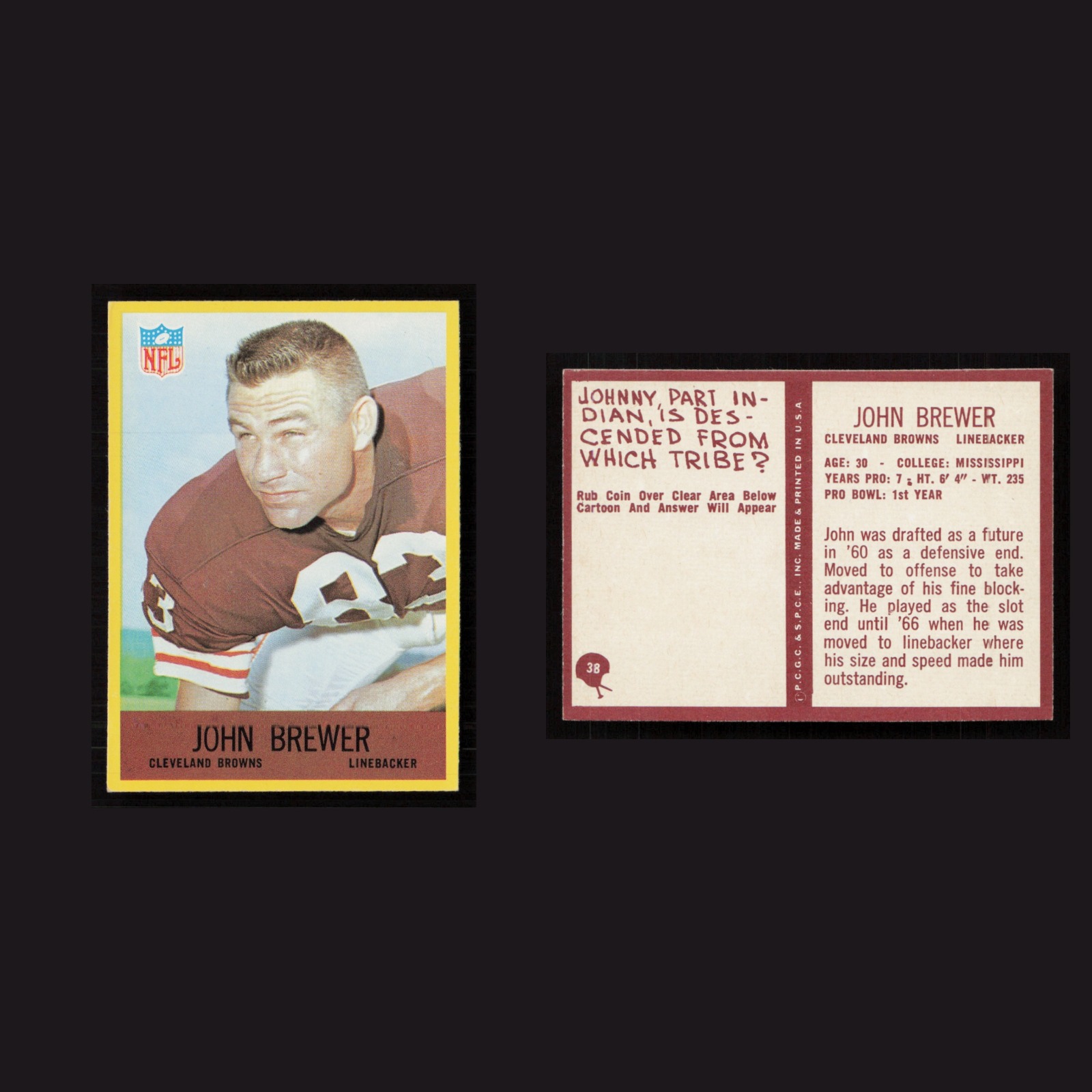 1967 John Brewer #38 MINT Philadelphia Cleveland Browns Vintage Football Card front and back scans. Card condition is Near Mint.