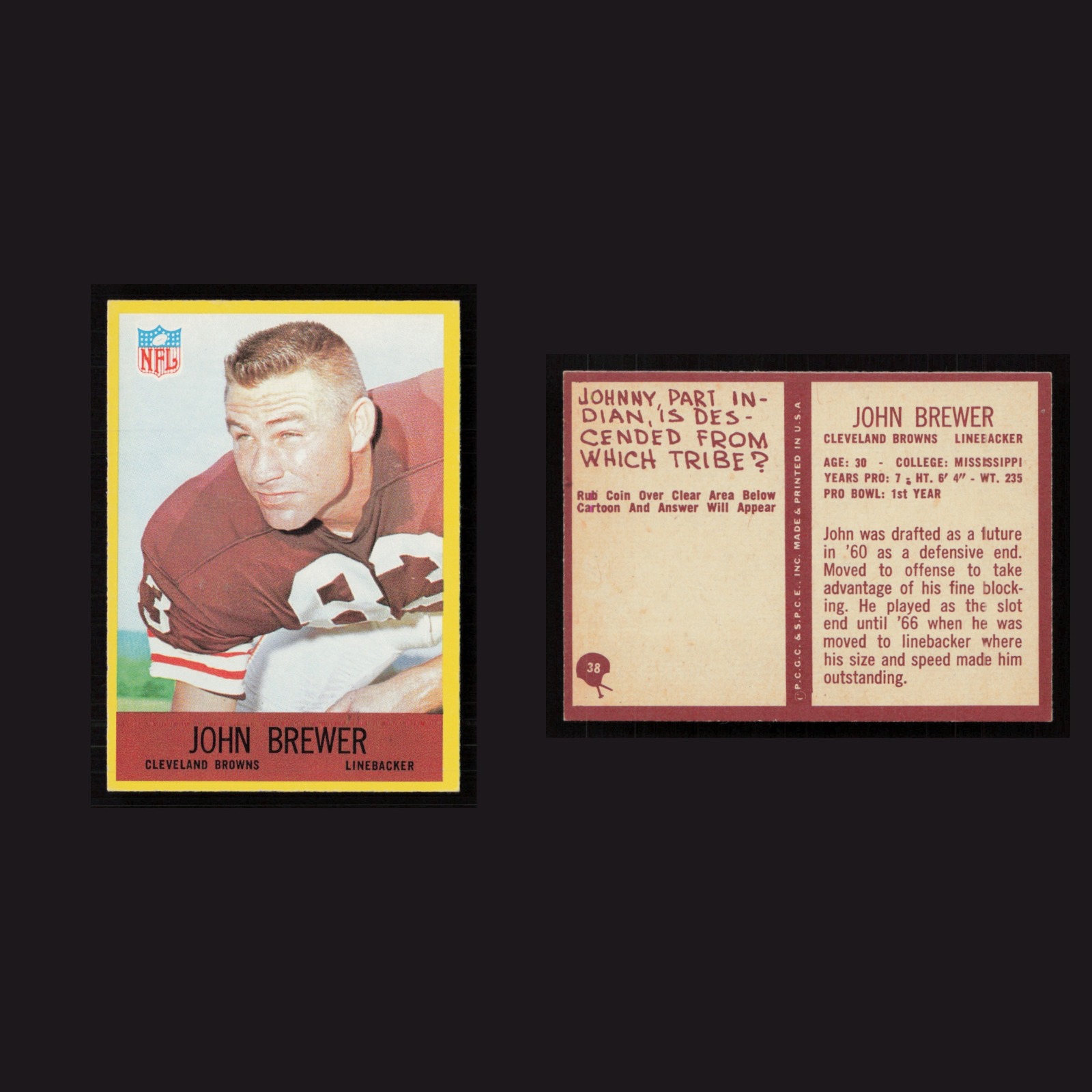 1967 John Brewer #38 NM-MT Philadelphia Cleveland Browns Vintage Football Card front and back scans. Card condition is Near Mint.