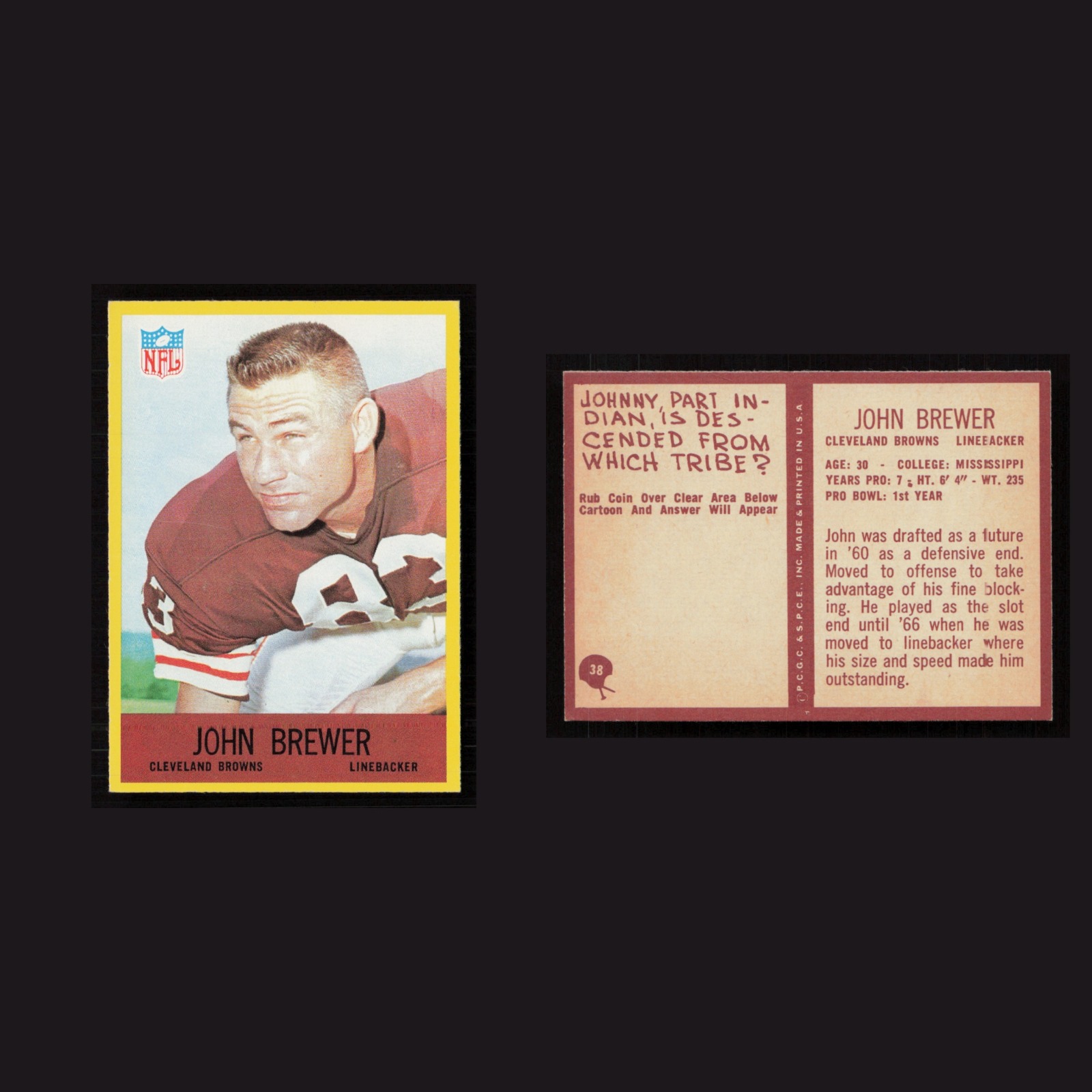 1967 John Brewer #38 MINT Philadelphia Cleveland Browns Vintage Football Card front and back scans. Card condition is Near Mint.