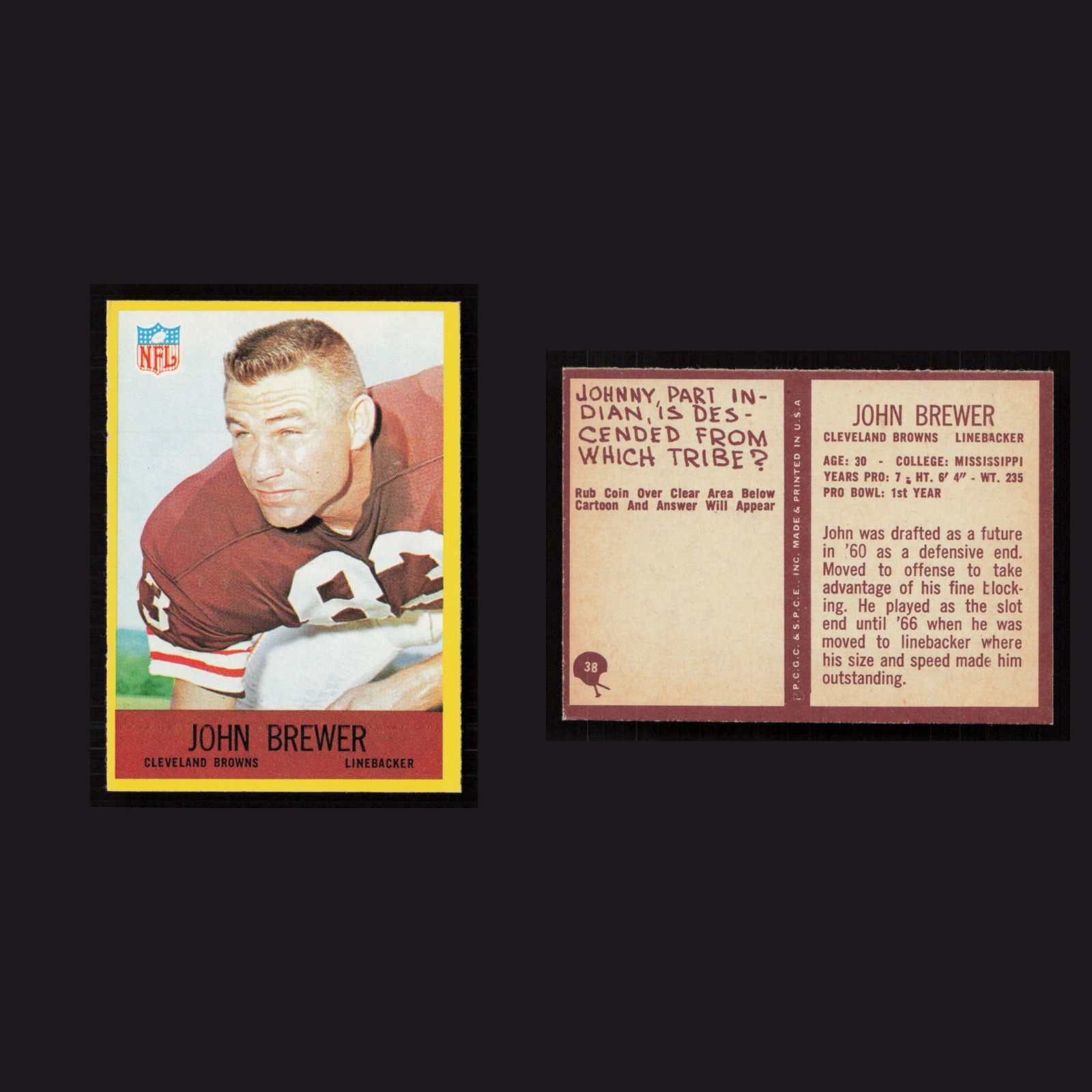 1967 John Brewer #38 NM Philadelphia Cleveland Browns Vintage Football Card NFL front and back scans. Card condition is Near Mint.
