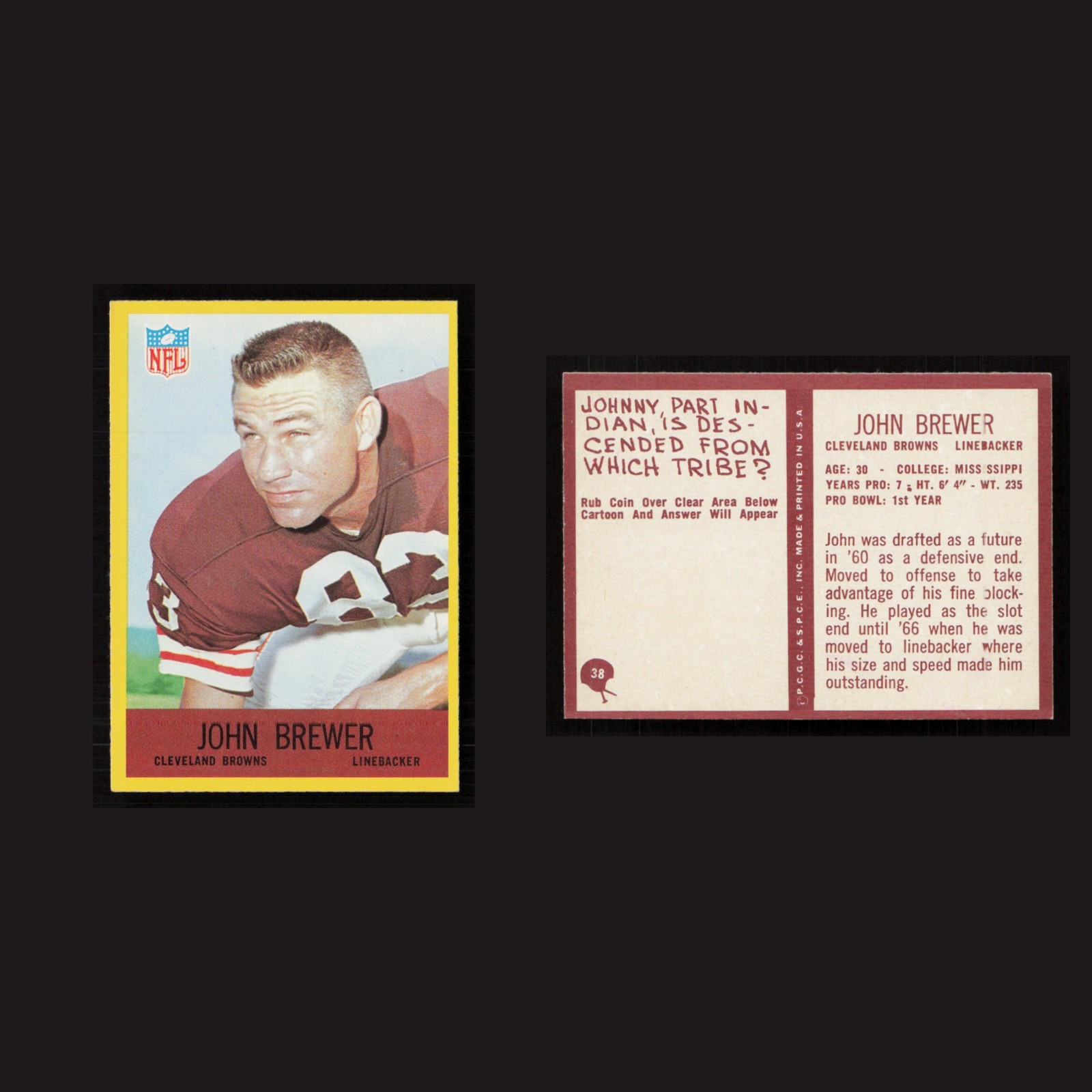 1967 John Brewer #38 NM-MT Philadelphia Cleveland Browns Vintage Football Card front and back scans. Card condition is Near Mint.