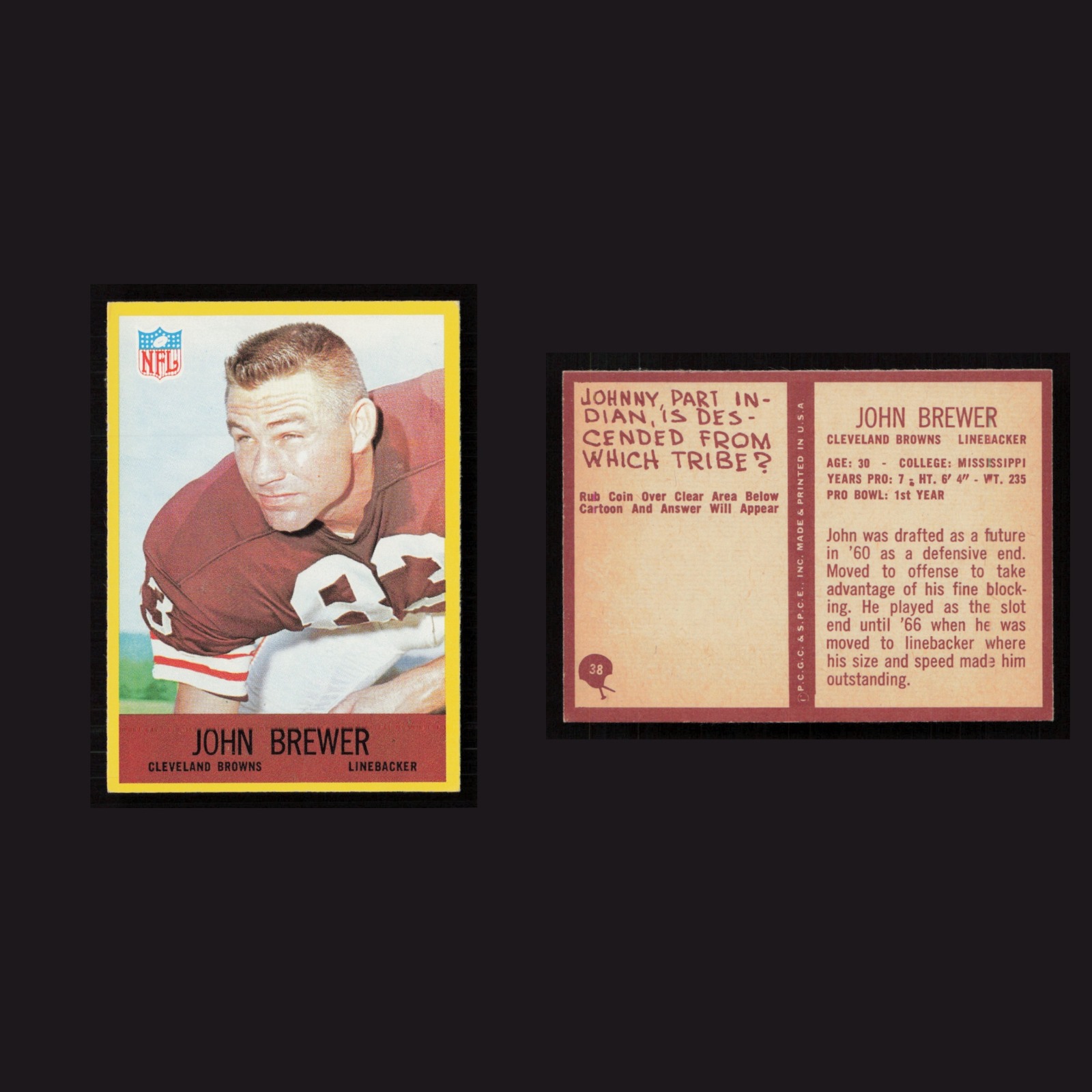 1967 John Brewer #38 MINT Philadelphia Cleveland Browns Vintage Football Card front and back scans. Card condition is Near Mint.