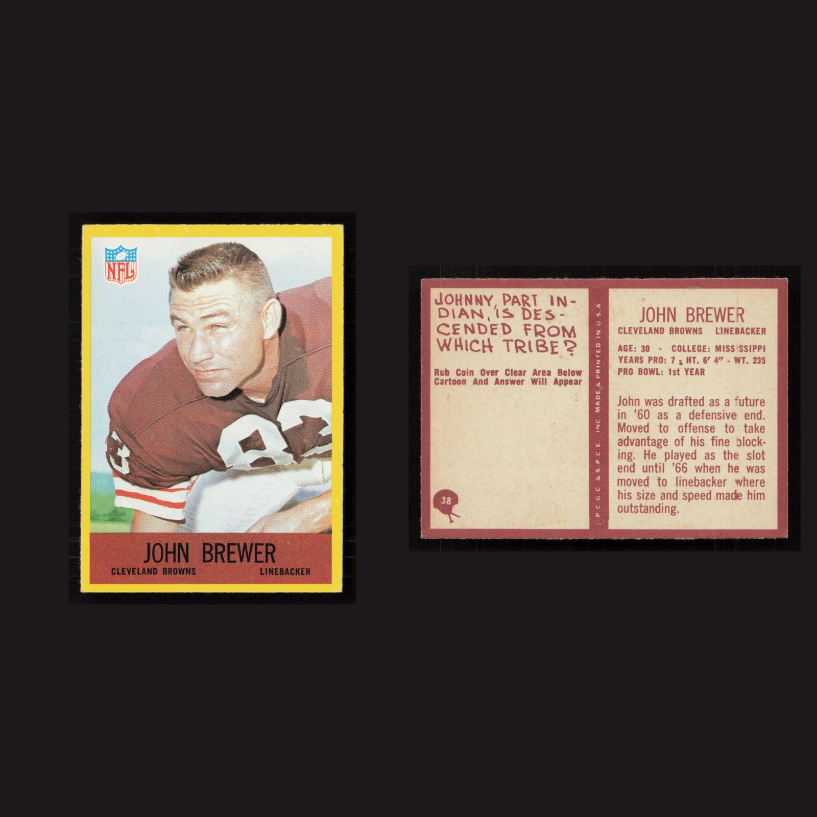 1967 John Brewer #38 NM-MT Philadelphia Cleveland Browns Vintage Football Card front and back scans. Card condition is Near Mint.