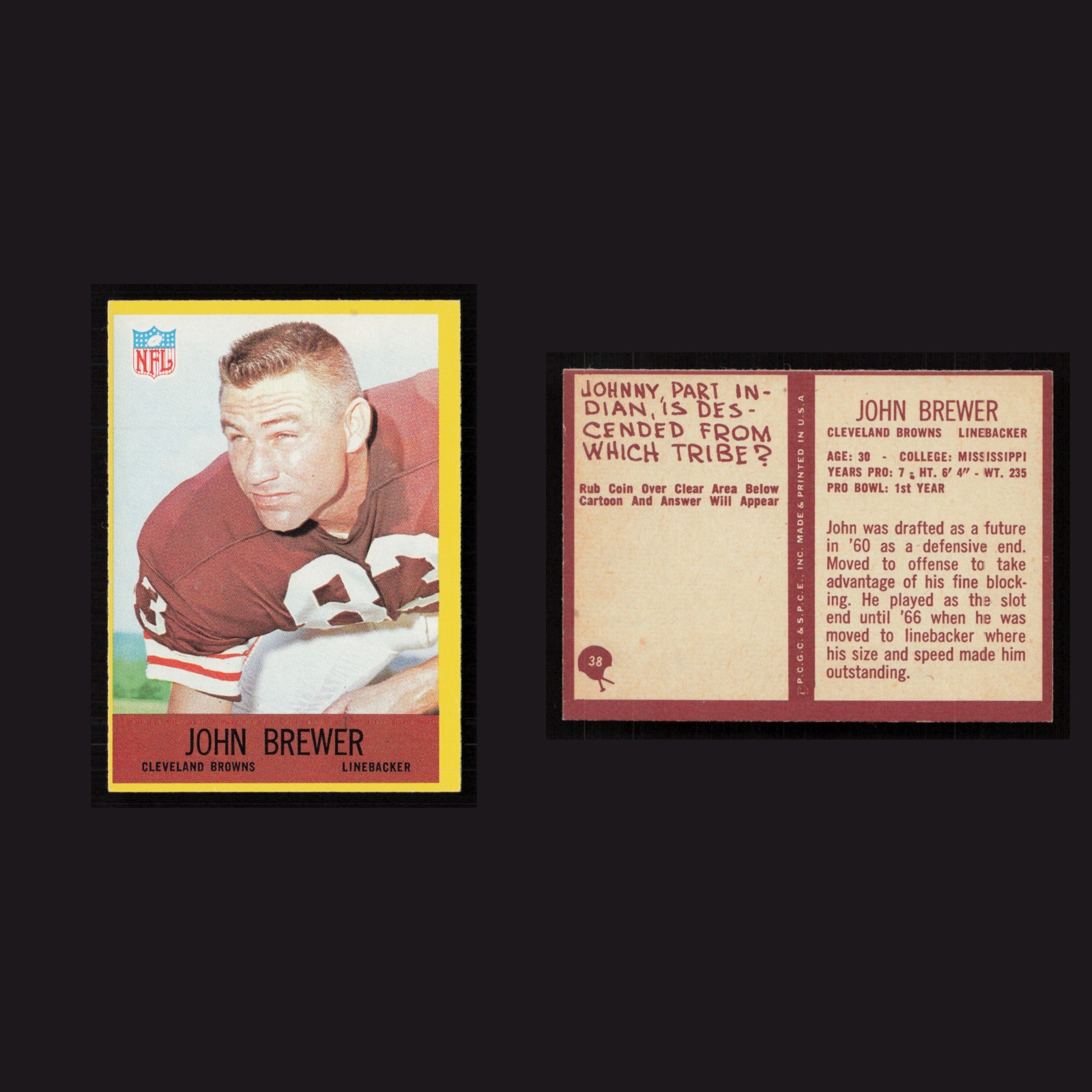 1967 John Brewer #38 NM Philadelphia Cleveland Browns Vintage Football Card NFL front and back scans. Card condition is Near Mint.
