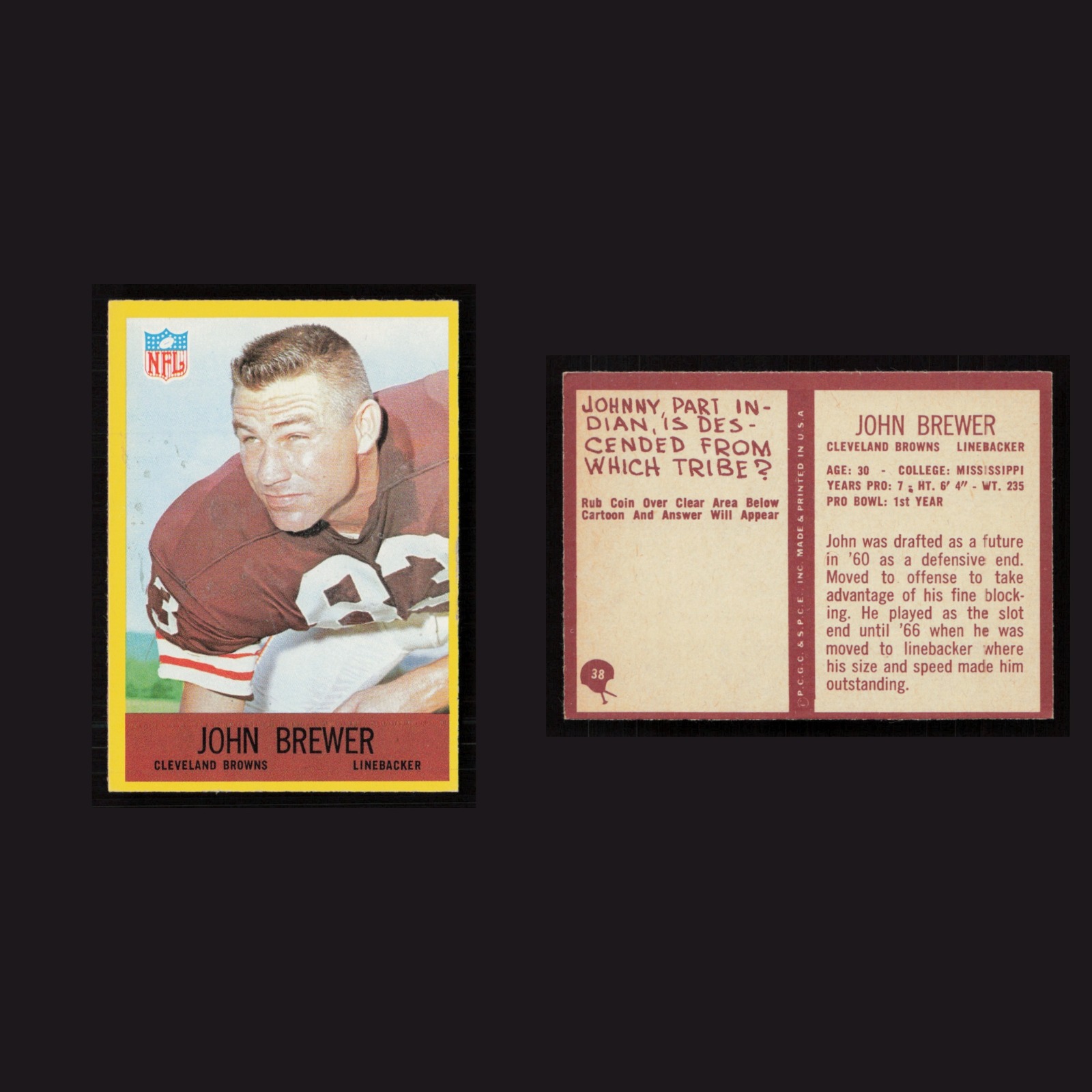 1967 John Brewer #38 NM Philadelphia Cleveland Browns Vintage Football Card NFL front and back scans. Card condition is Near Mint.