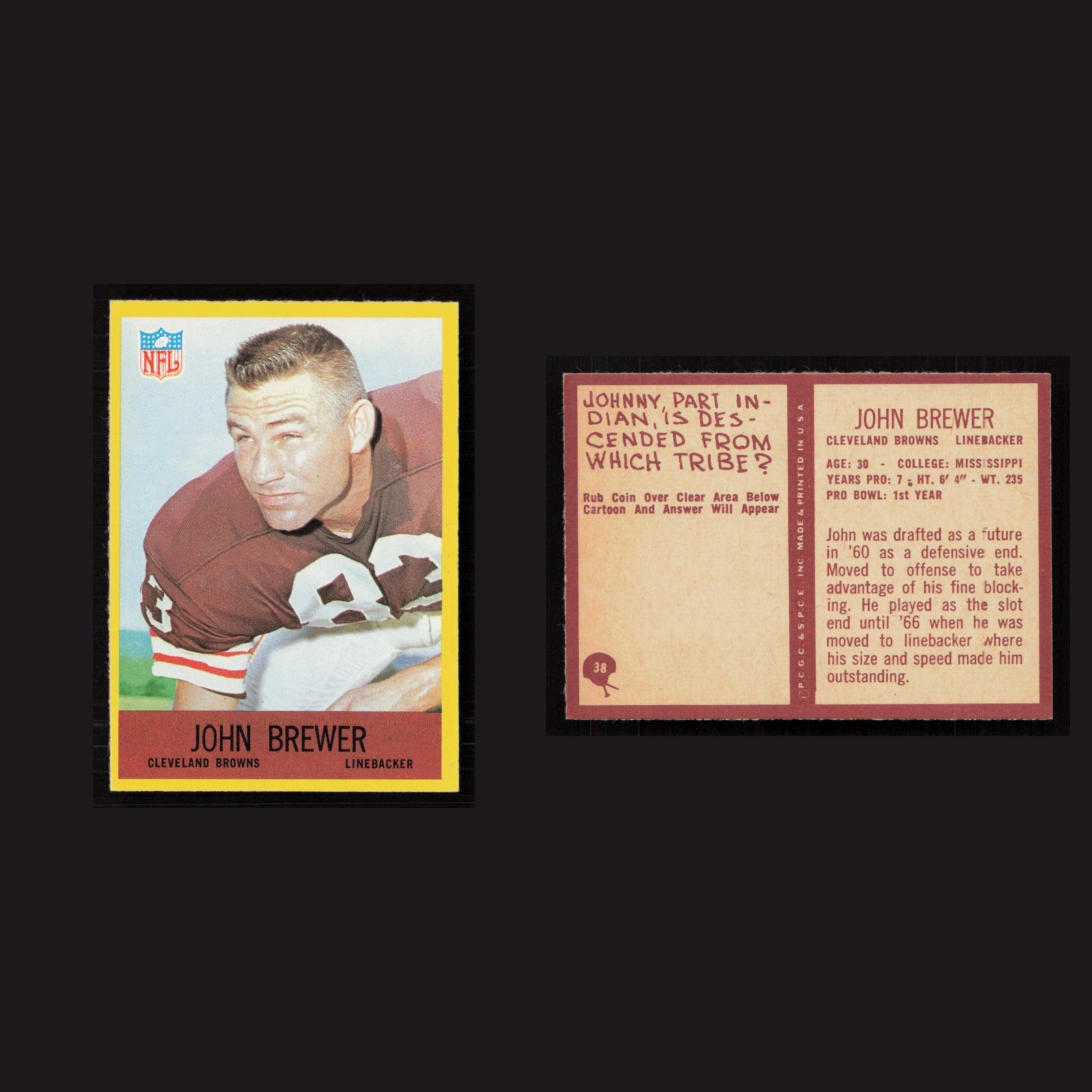1967 John Brewer #38 NM-MT Philadelphia Cleveland Browns Vintage Football Card front and back scans. Card condition is Near Mint.
