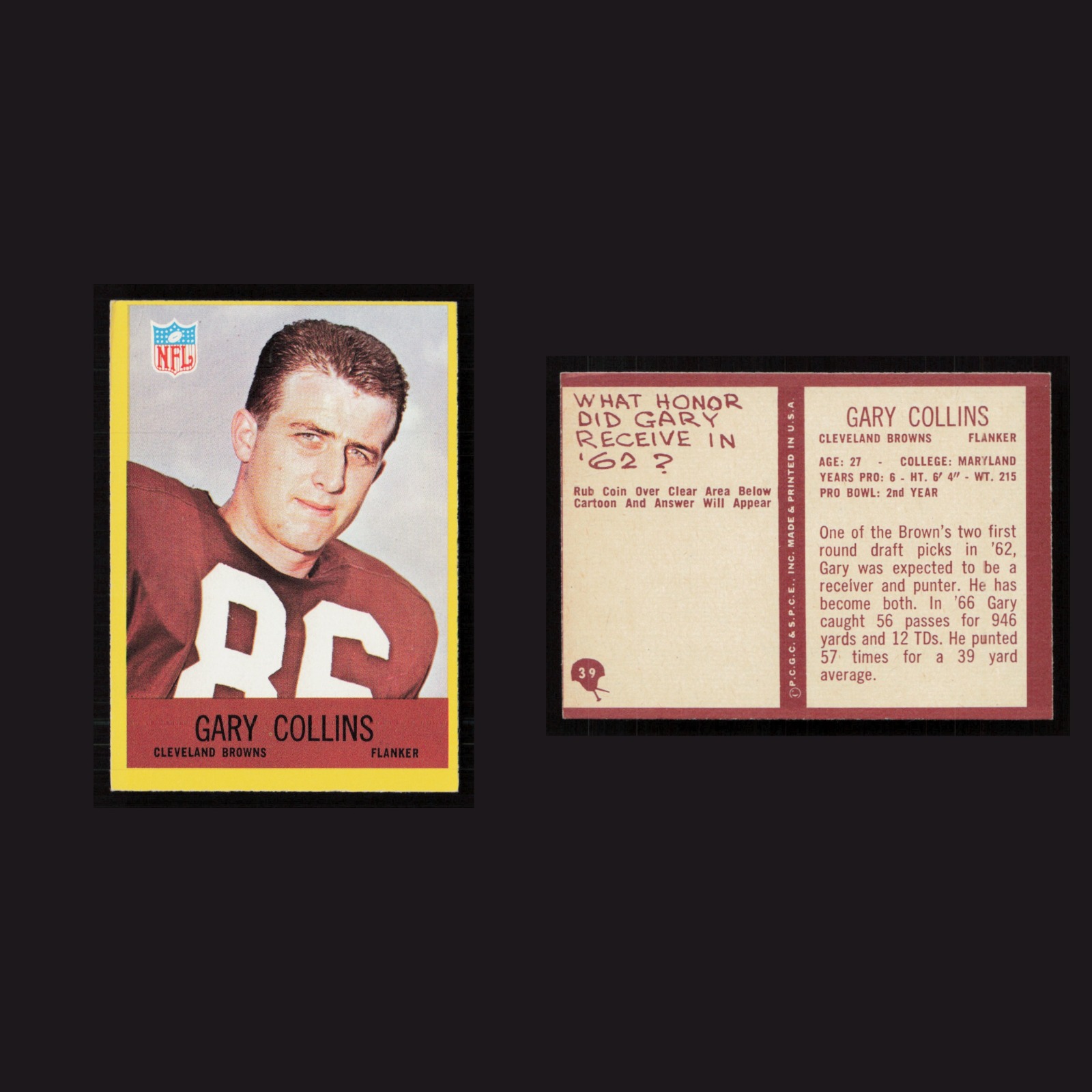 1967 Rookie Gary Collins #39 NM Philadelphia Cleveland Browns Vintage Football front and back scans. Card condition is Near Mint.