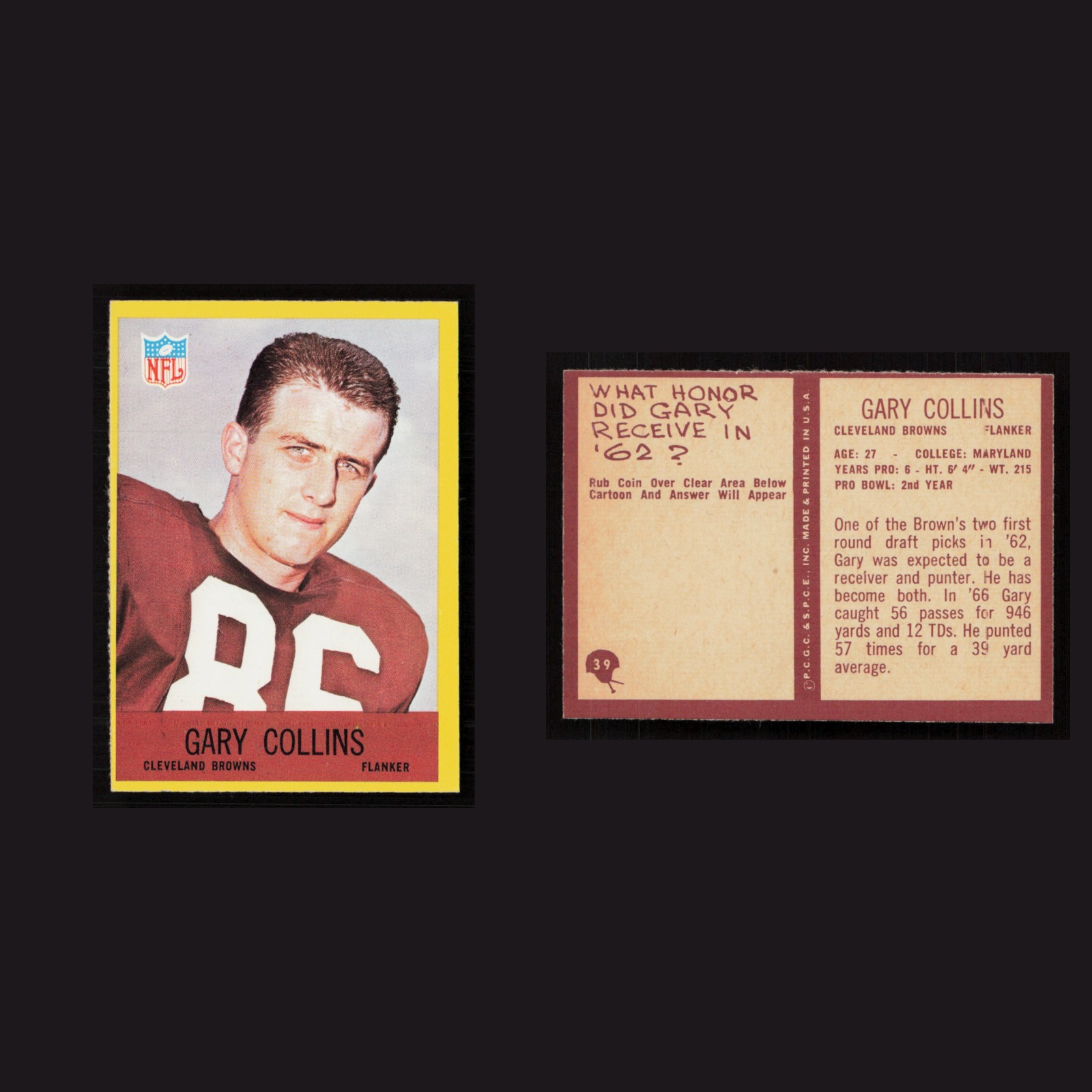 1967 Gary Collins #39 NM Philadelphia Cleveland Browns Vintage Football Card NFL front and back scans. Card condition is Near Mint.