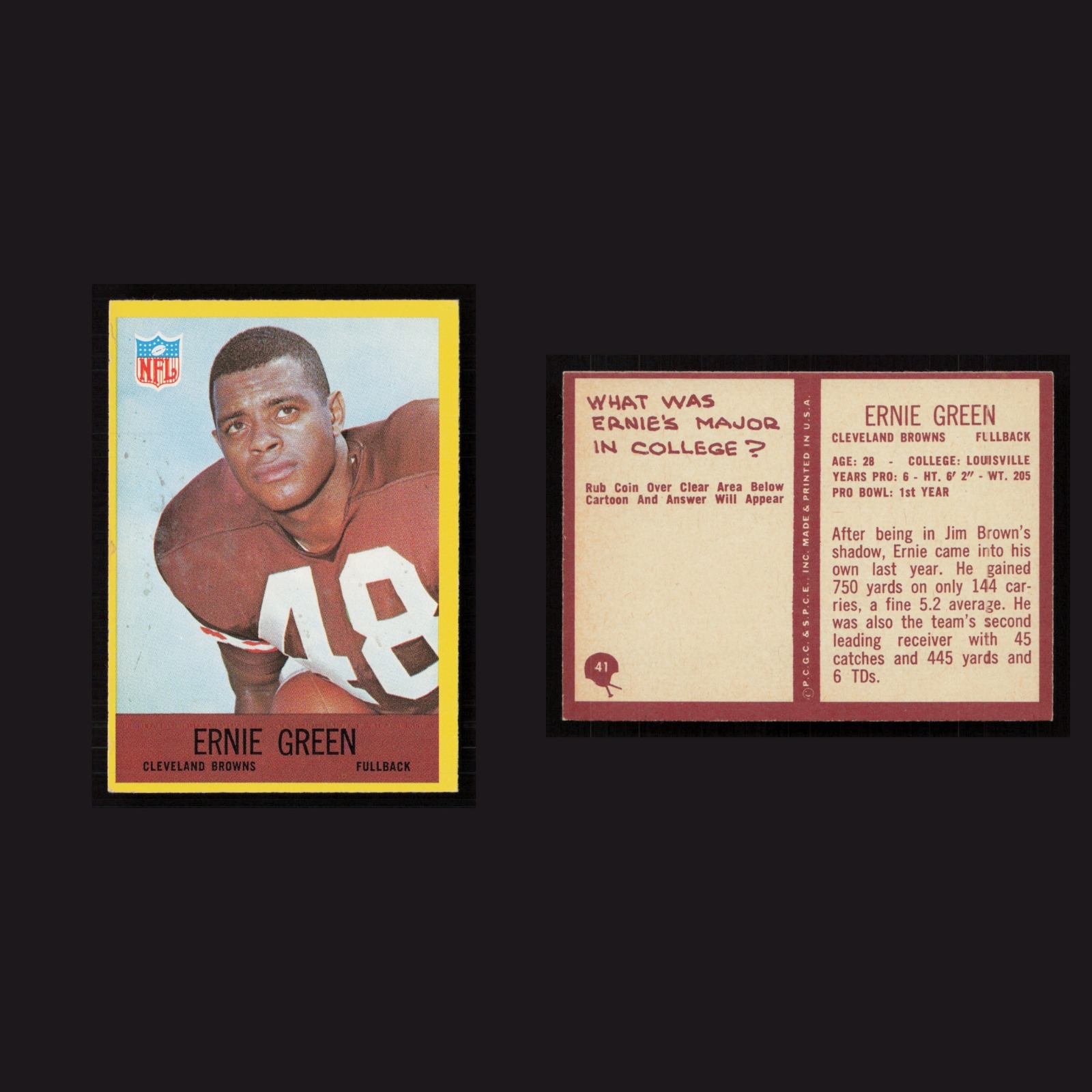 1967 Ernie Green #41 EX-EXMINT Philadelphia Cleveland Browns Vintage Football front and back scans. Card condition is Near Mint.