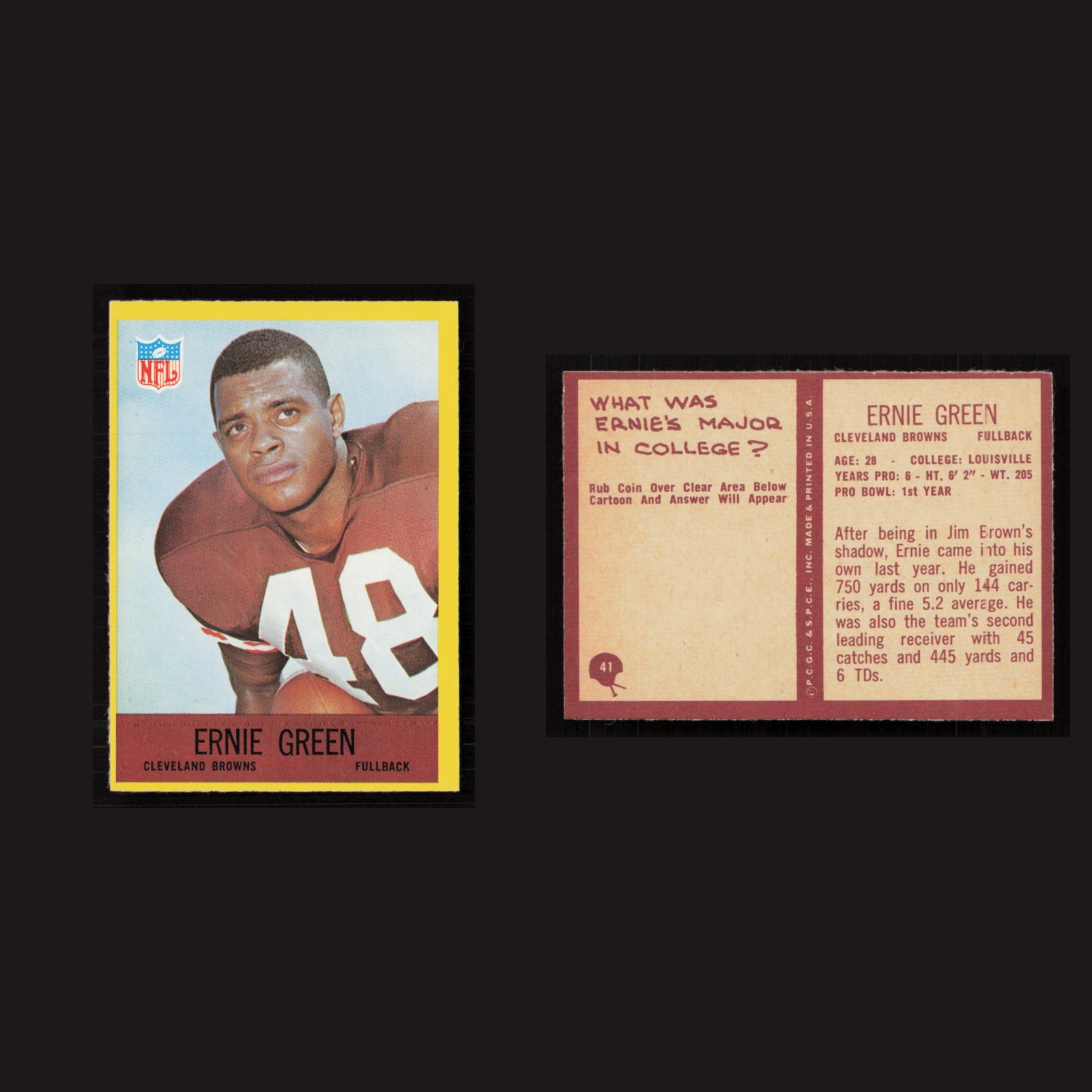1967 Ernie Green #41 EX-EXMINT Philadelphia Cleveland Browns Vintage Football front and back scans. Card condition is Near Mint.