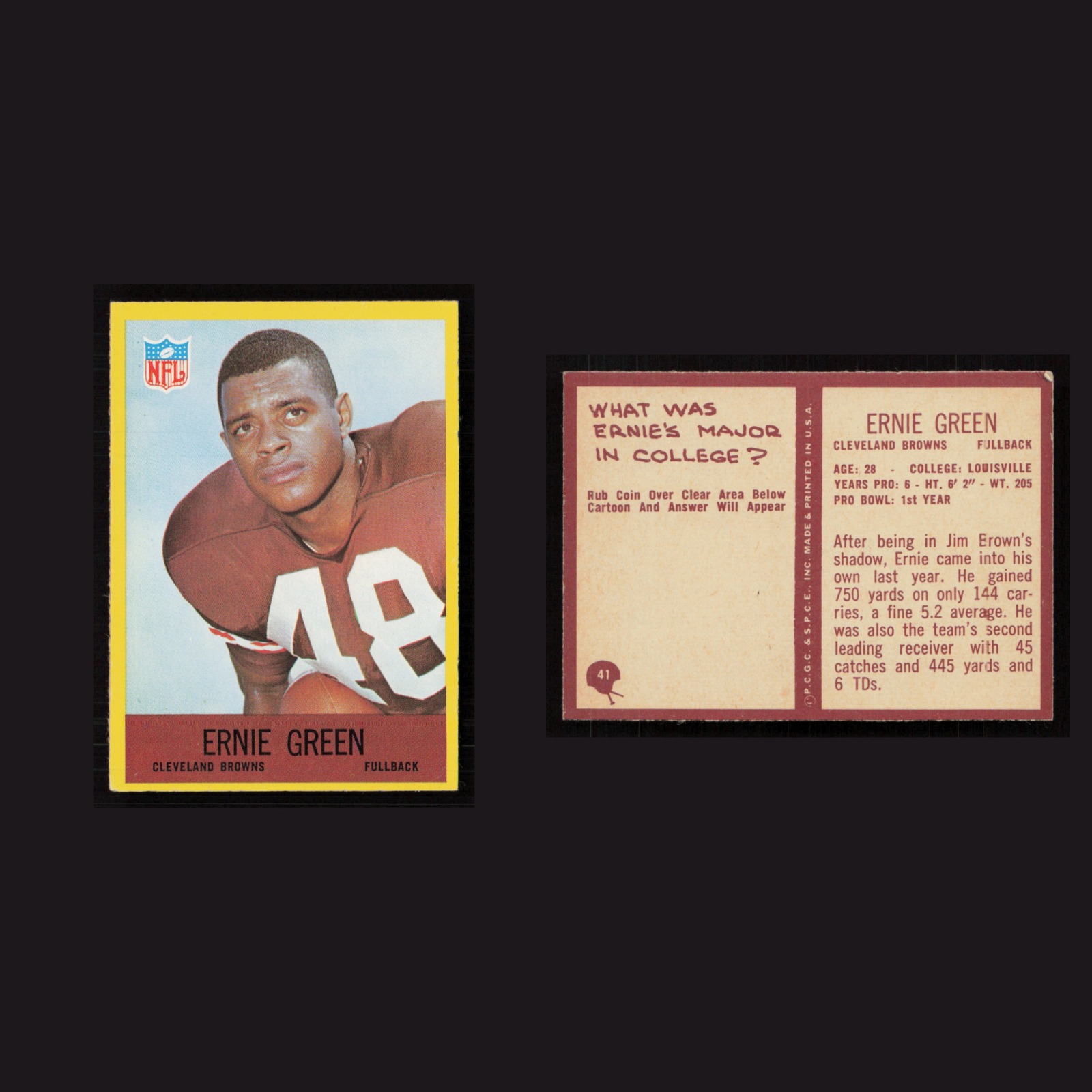 1967 Ernie Green #41 NM-MT Philadelphia Cleveland Browns Vintage Football Card front and back scans. Card condition is Near Mint.