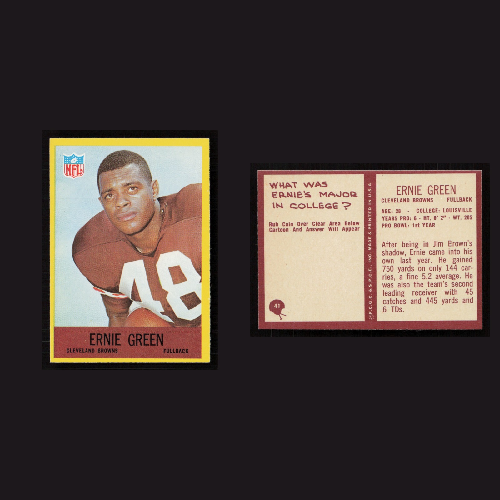 1967 Ernie Green #41 NM-MT Philadelphia Cleveland Browns Vintage Football Card front and back scans. Card condition is Near Mint.