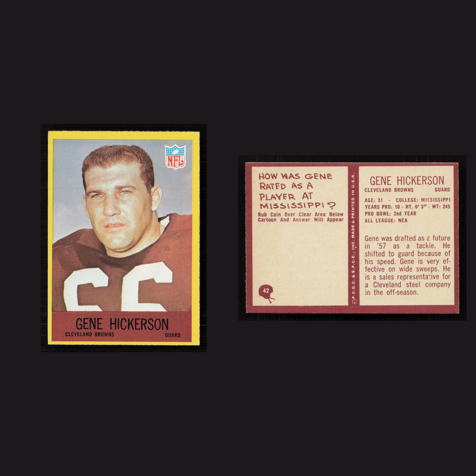 1967 Gene Hickerson #42 NM Philadelphia Cleveland Browns Vintage Football Card front and back scans. Card condition is Near Mint.