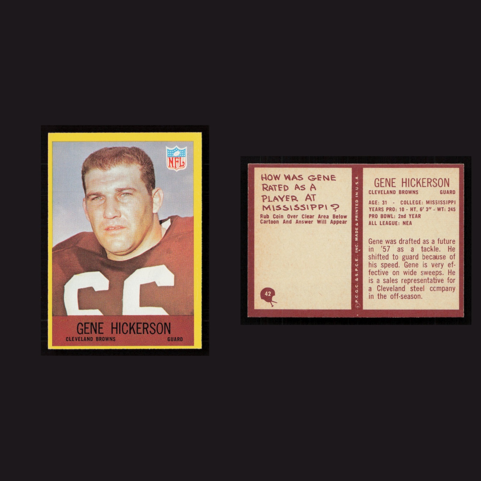 1967 Gene Hickerson #42 NM-MT Philadelphia Cleveland Browns Vintage Football NFL front and back scans. Card condition is Near Mint.