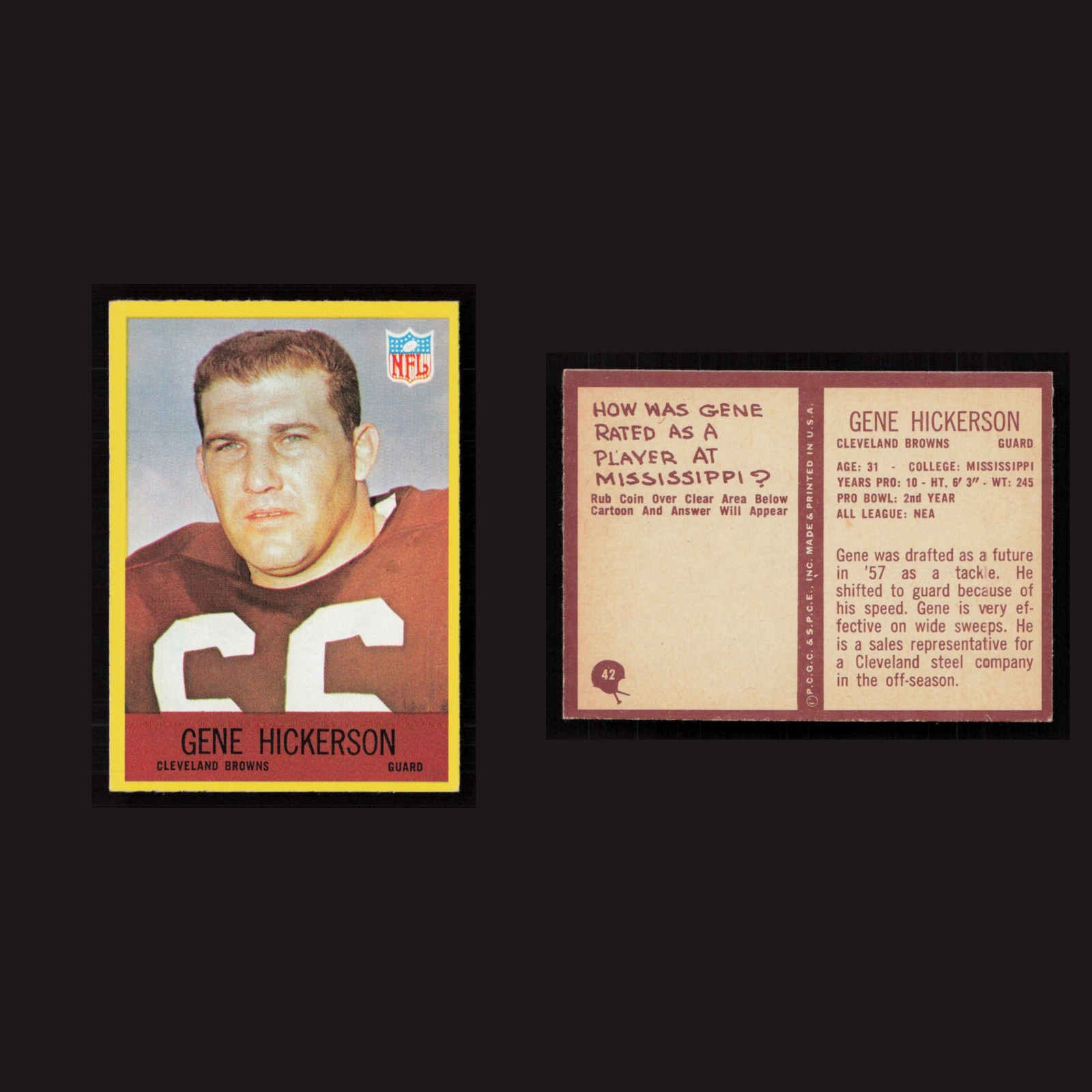 1967 Gene Hickerson #42 NM Philadelphia Cleveland Browns Vintage Football Card front and back scans. Card condition is Near Mint.