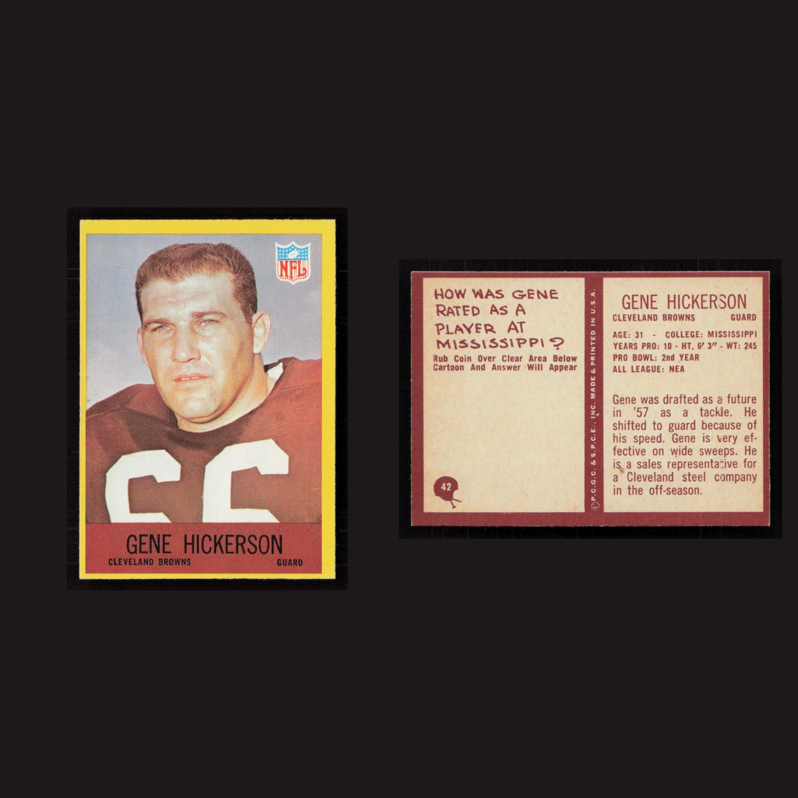 1967 Gene Hickerson #42 NM Philadelphia Cleveland Browns Vintage Football Card front and back scans. Card condition is Near Mint.