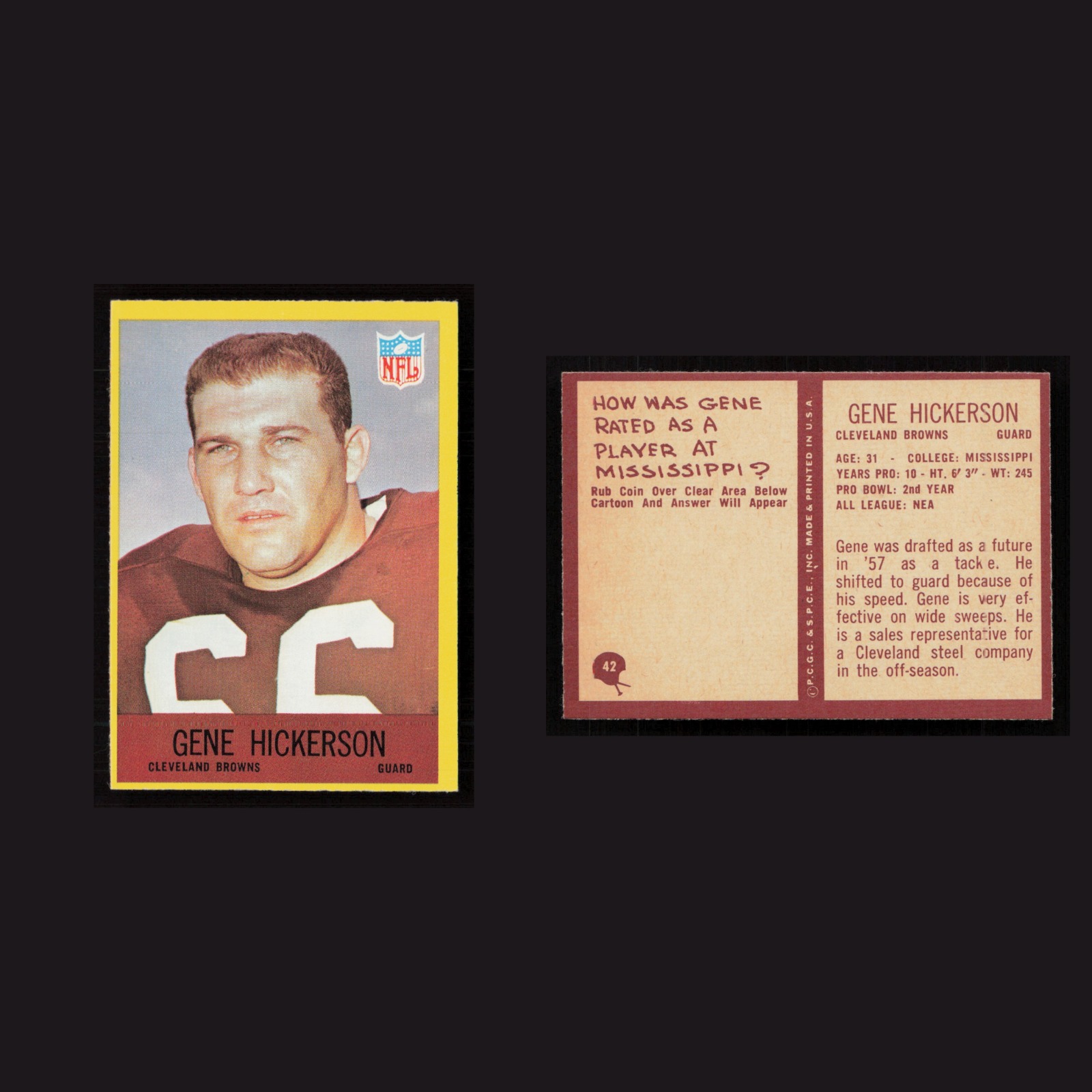 1967 Gene Hickerson #42 NM-MT Philadelphia Cleveland Browns Vintage Football NFL front and back scans. Card condition is Near Mint.