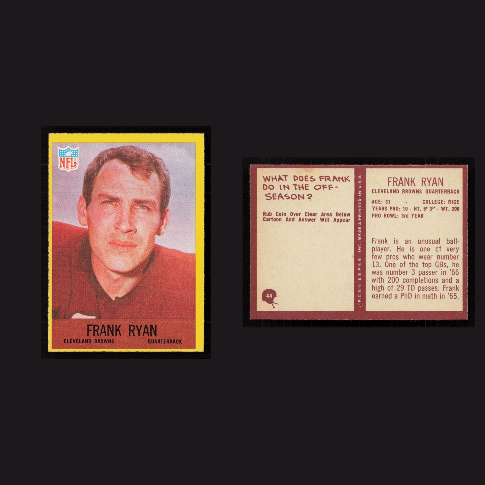 1967 Frank Ryan #44 NM Philadelphia Cleveland Browns Vintage Football Card NFL front and back scans. Card condition is Near Mint.