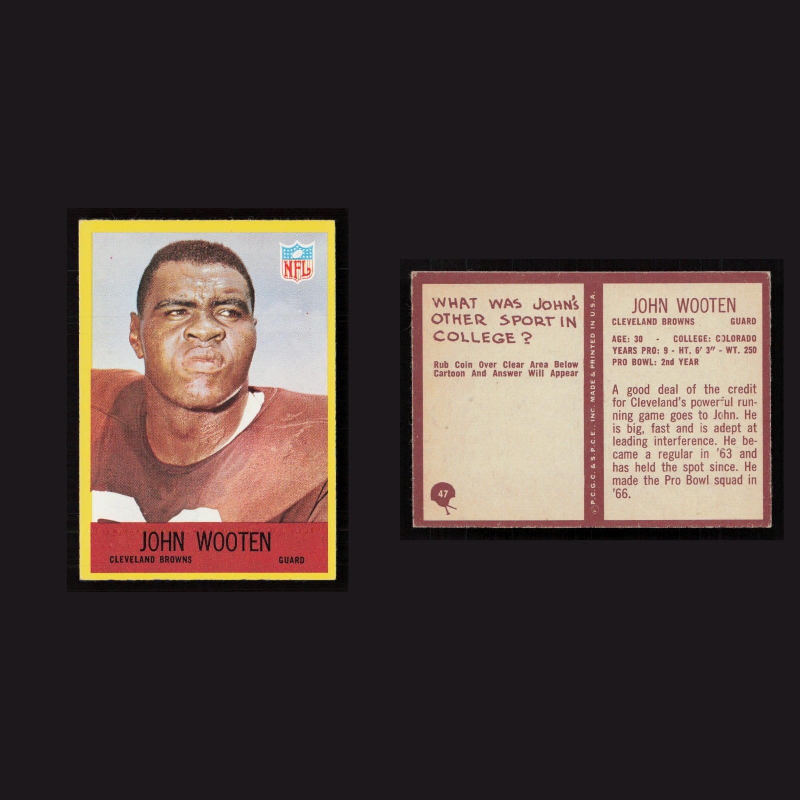 1967 John Wooten #47 NM-MT Philadelphia Cleveland Browns Vintage Football Card front and back scans. Card condition is Near Mint.