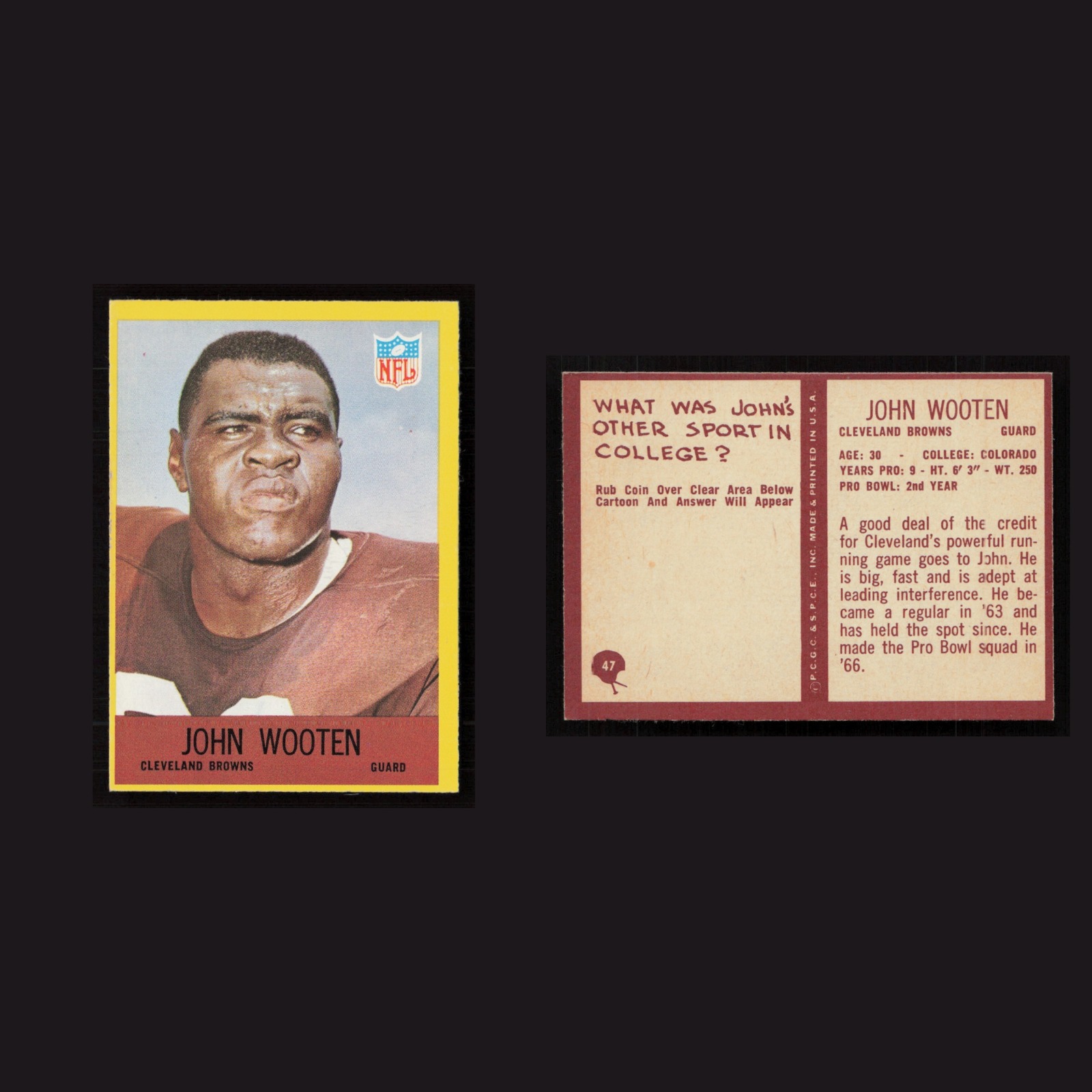 1967 John Wooten #47 NM Philadelphia Cleveland Browns Vintage Football Card NFL front and back scans. Card condition is Near Mint.