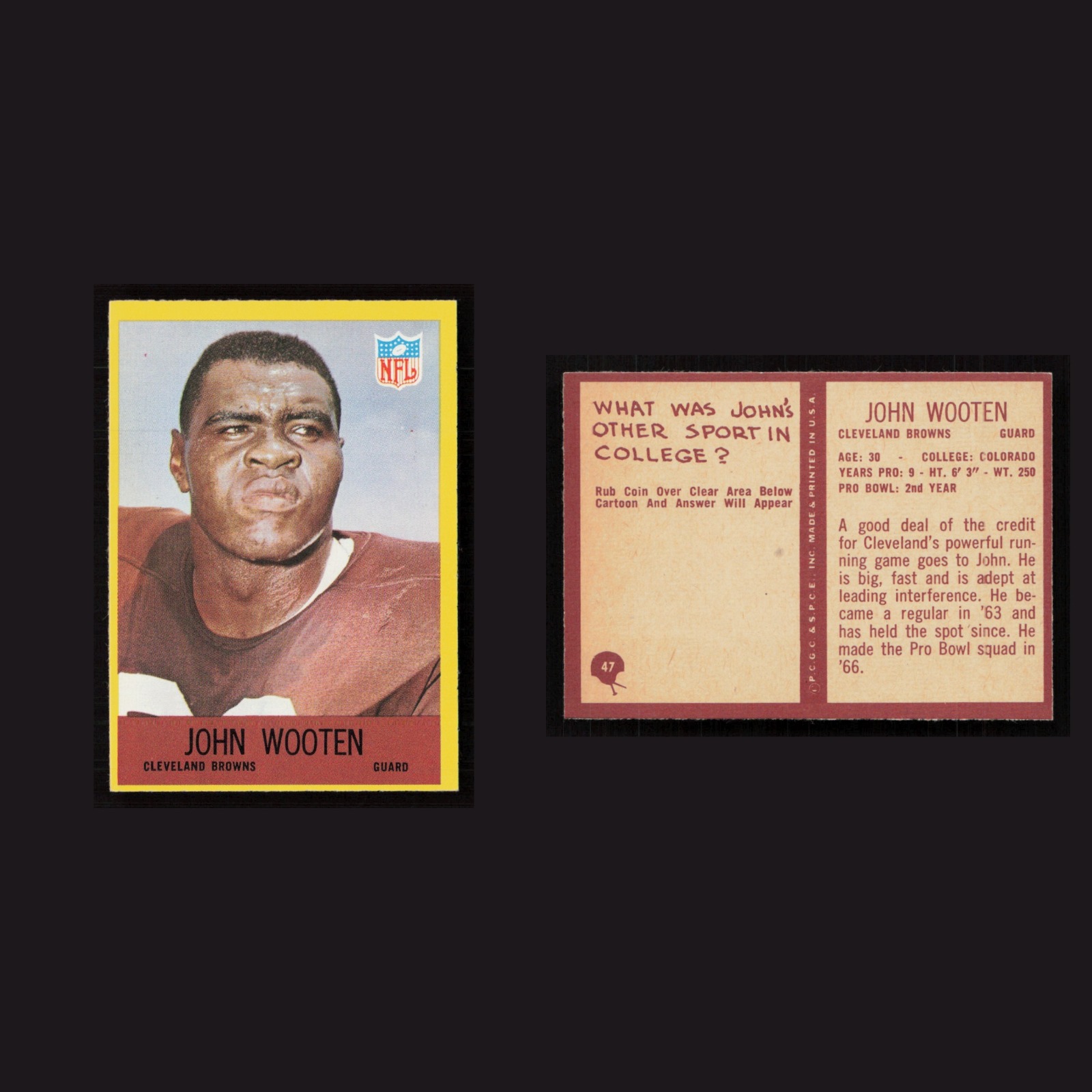 1967 John Wooten #47 NM Philadelphia Cleveland Browns Vintage Football Card NFL front and back scans. Card condition is Near Mint.