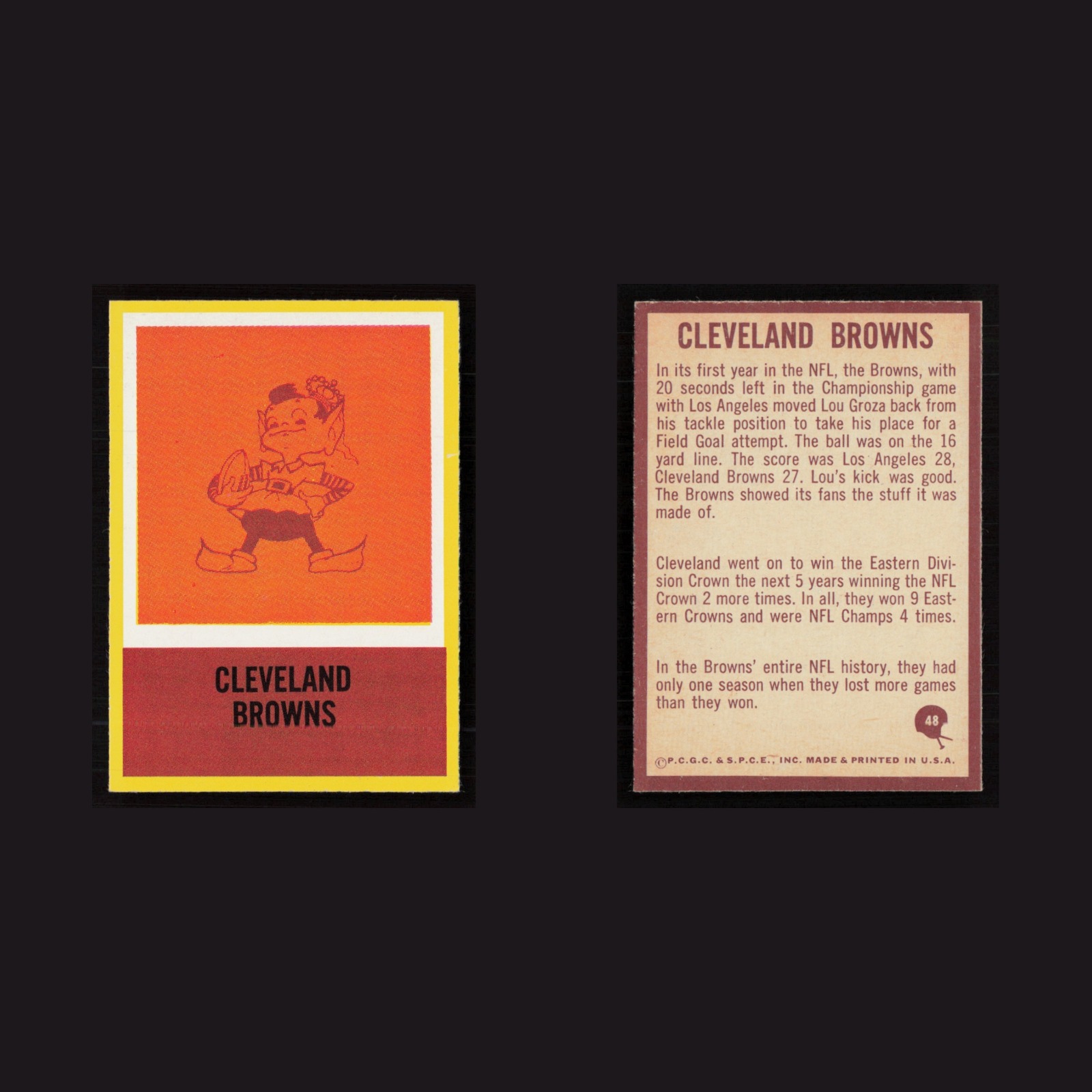 1967 Browns Logo #48 MINT Philadelphia Cleveland Browns Vintage Football Card front and back scans. Card condition is Near Mint.