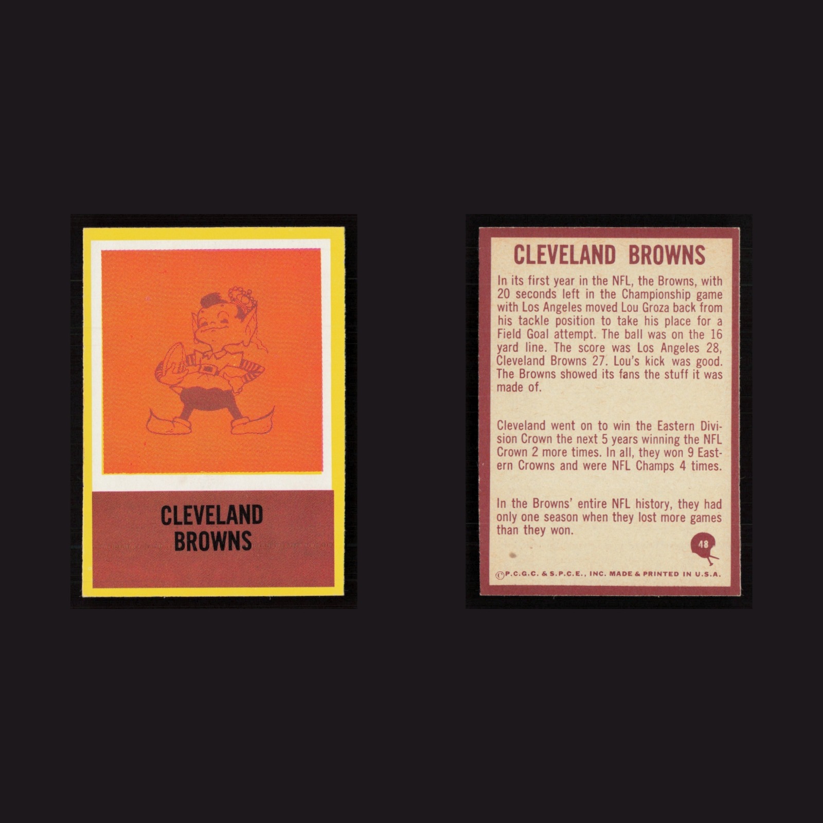 1967 Browns Logo #48 NM Philadelphia Cleveland Browns Vintage Football Card NFL front and back scans. Card condition is Near Mint.