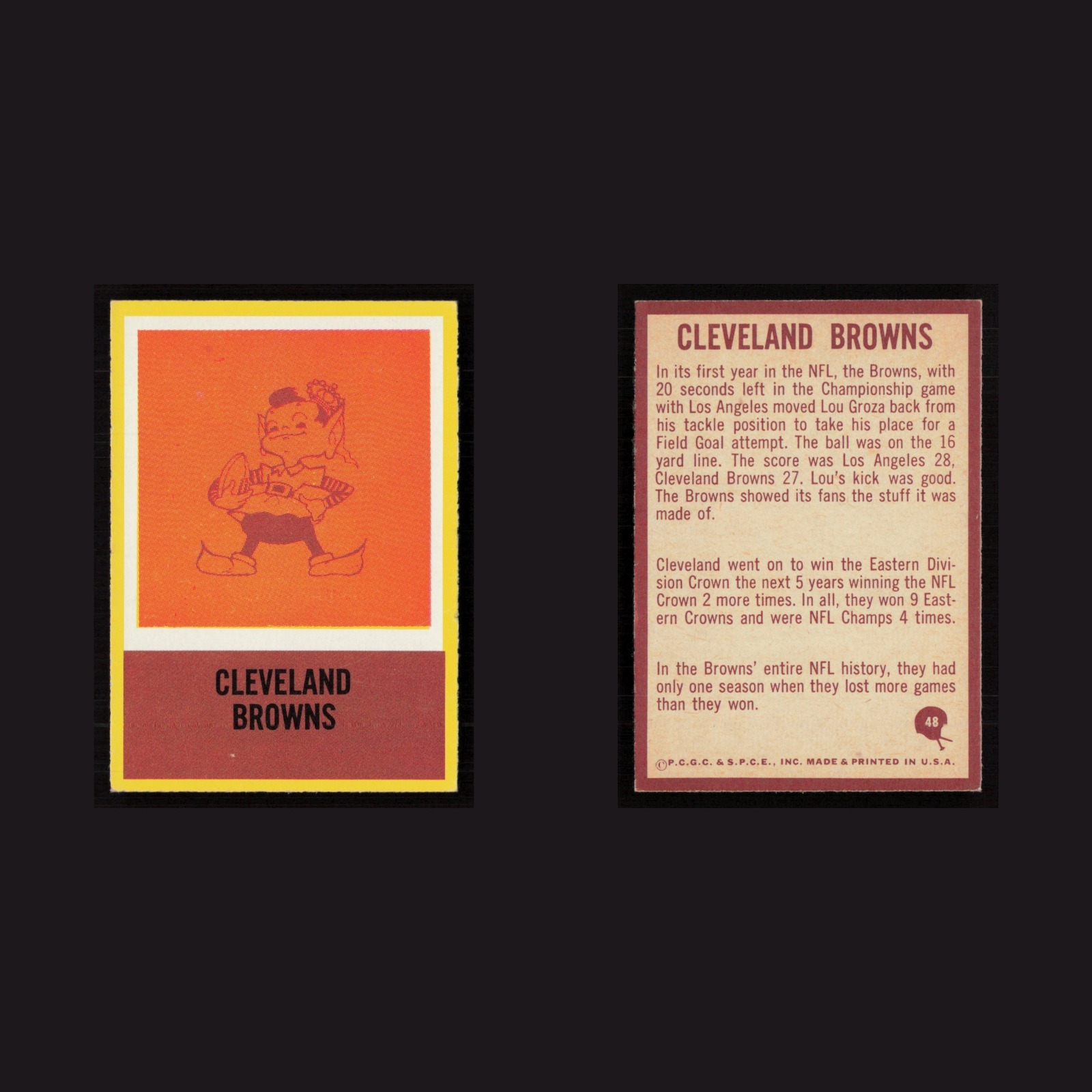 1967 Browns Logo #48 MINT Philadelphia Cleveland Browns Vintage Football Card front and back scans. Card condition is Near Mint.