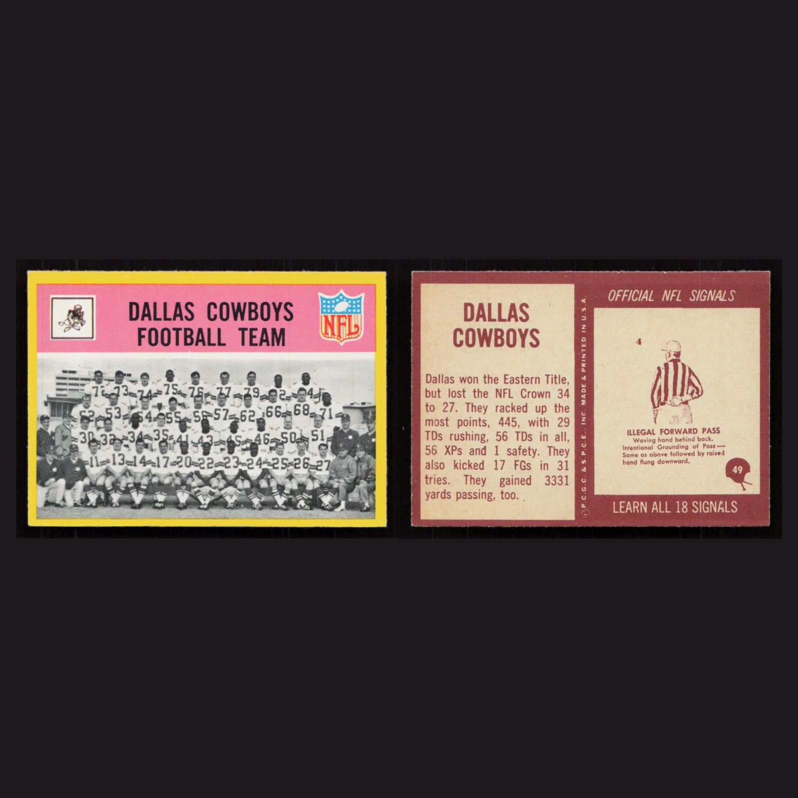 1967 Dallas Cowboys Team #49 NM-MT Philadelphia team checklist, checklist Card front and back scans. Card condition is Near Mint.