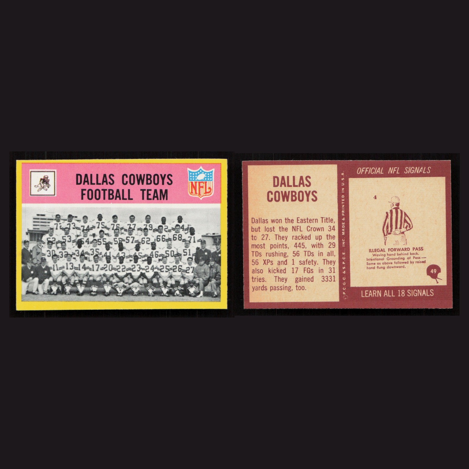 1967 Dallas Cowboys Team #49 MINT Philadelphia team checklist, checklist Cowboys front and back scans. Card condition is Near Mint.
