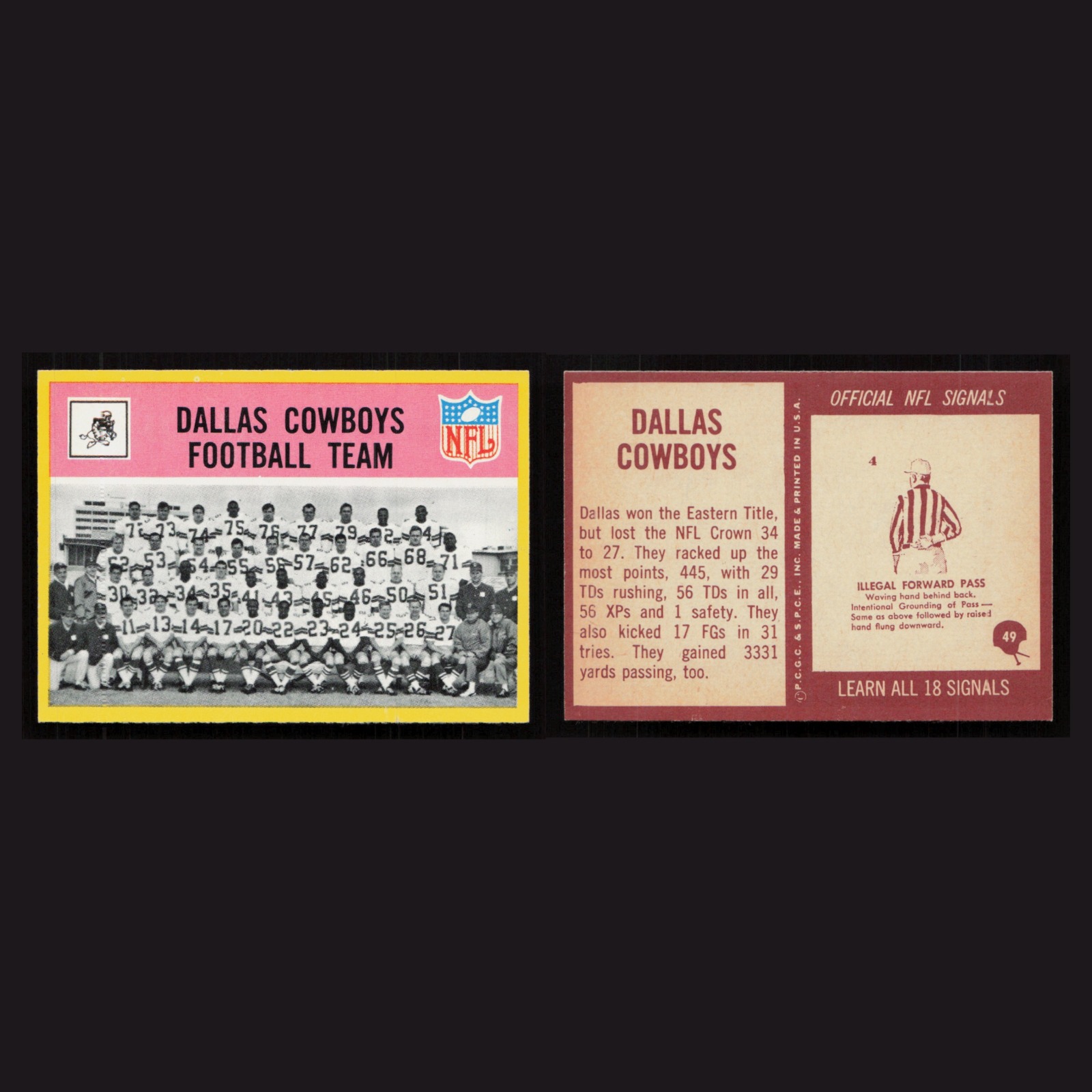 1967 Dallas Cowboys Team #49 MINT Philadelphia team checklist, checklist Cowboys front and back scans. Card condition is Near Mint.