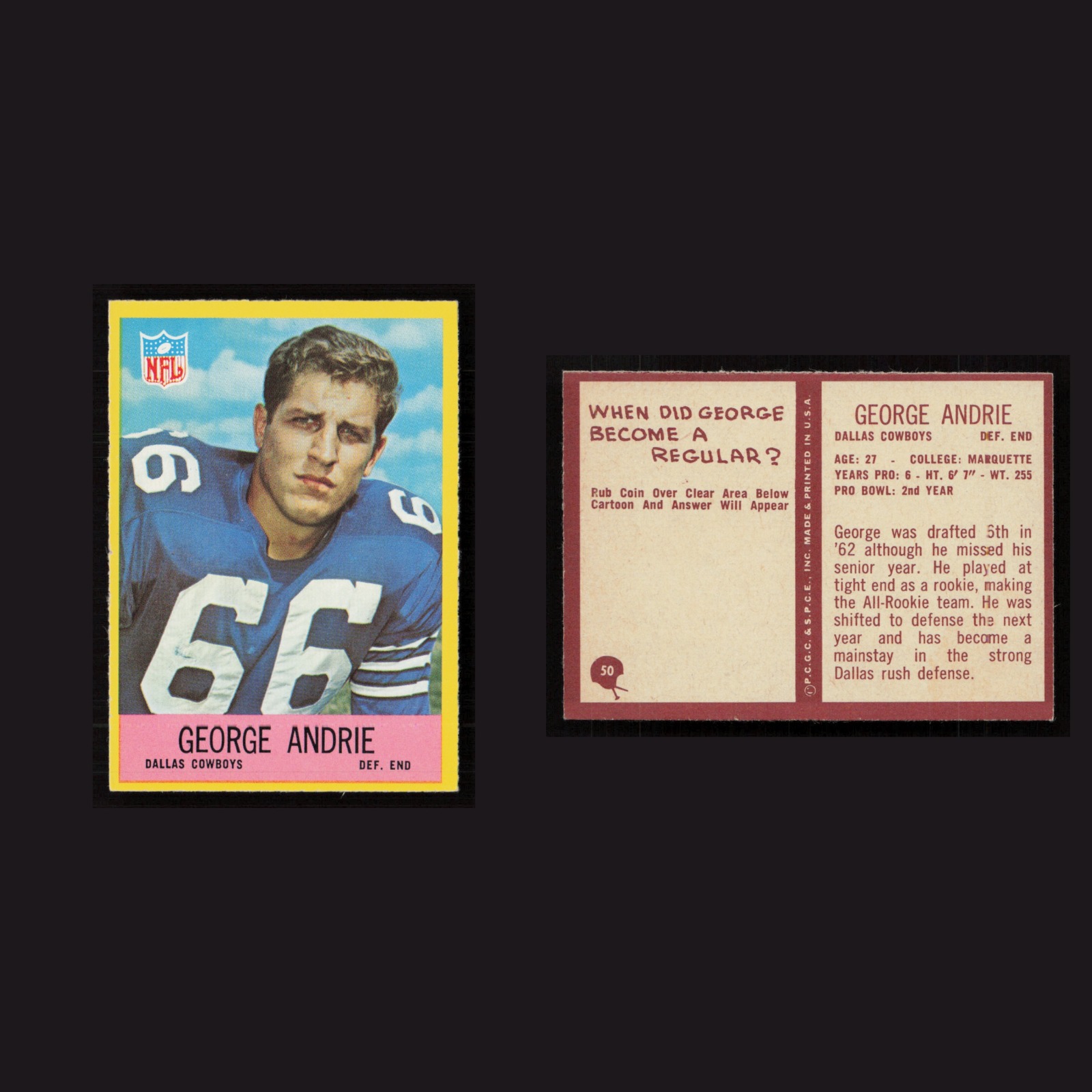 1967 George Andrie #50 NM-MT Philadelphia Dallas Cowboys Vintage Football Card front and back scans. Card condition is Near Mint.