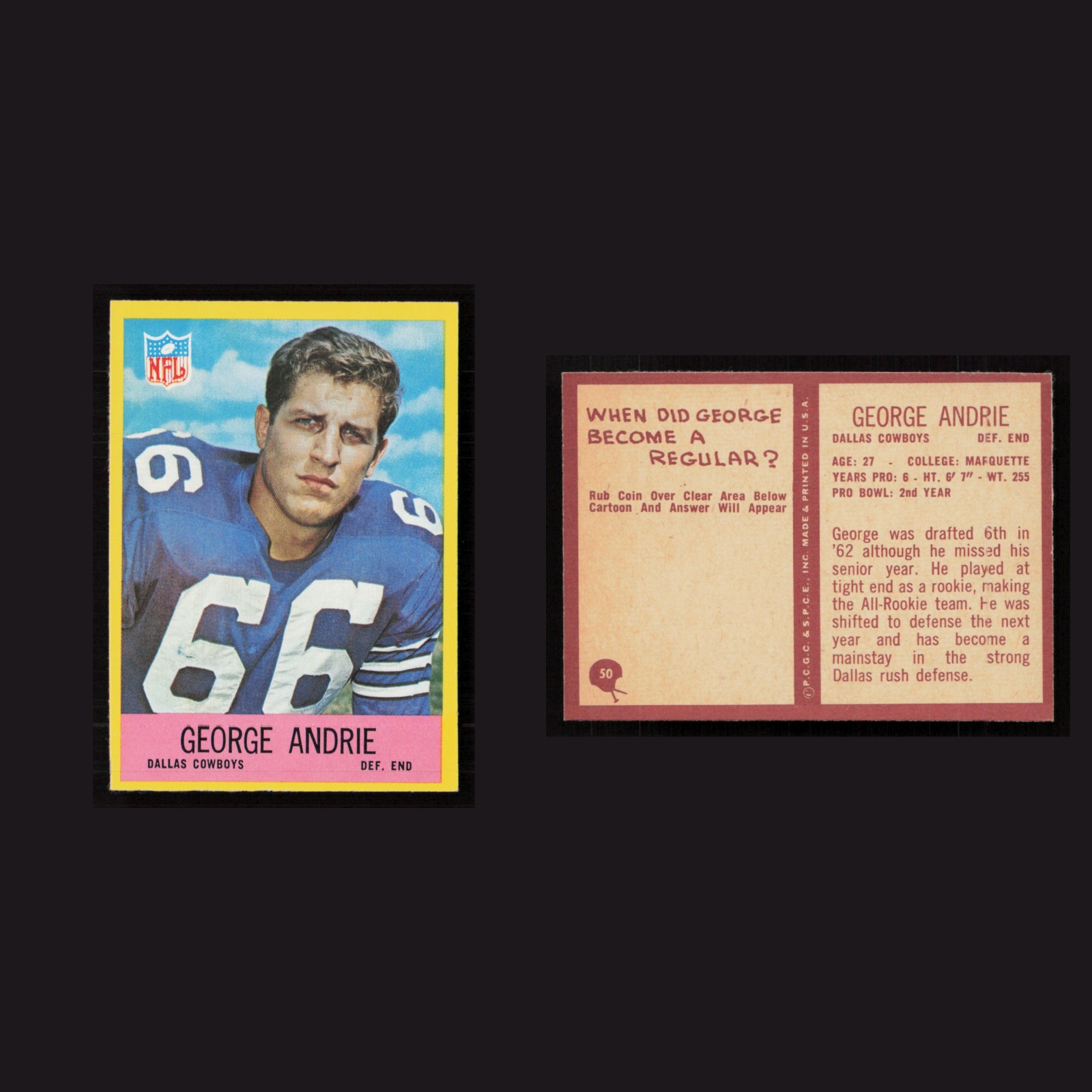 1967 George Andrie #50 MINT Philadelphia Dallas Cowboys Vintage Football Card front and back scans. Card condition is Near Mint.