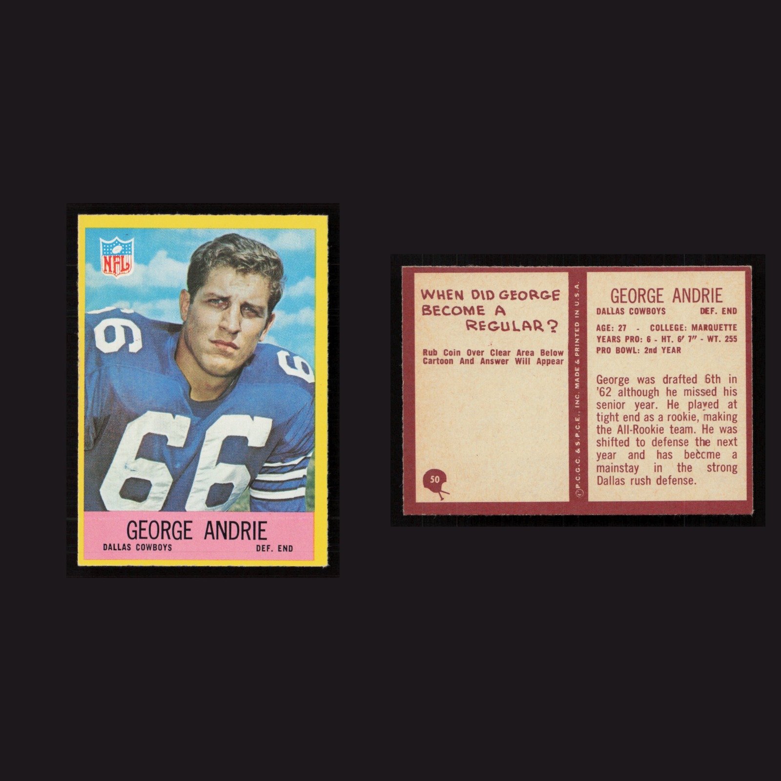 1967 George Andrie #50 NM-MT Philadelphia Dallas Cowboys Vintage Football Card front and back scans. Card condition is Near Mint.