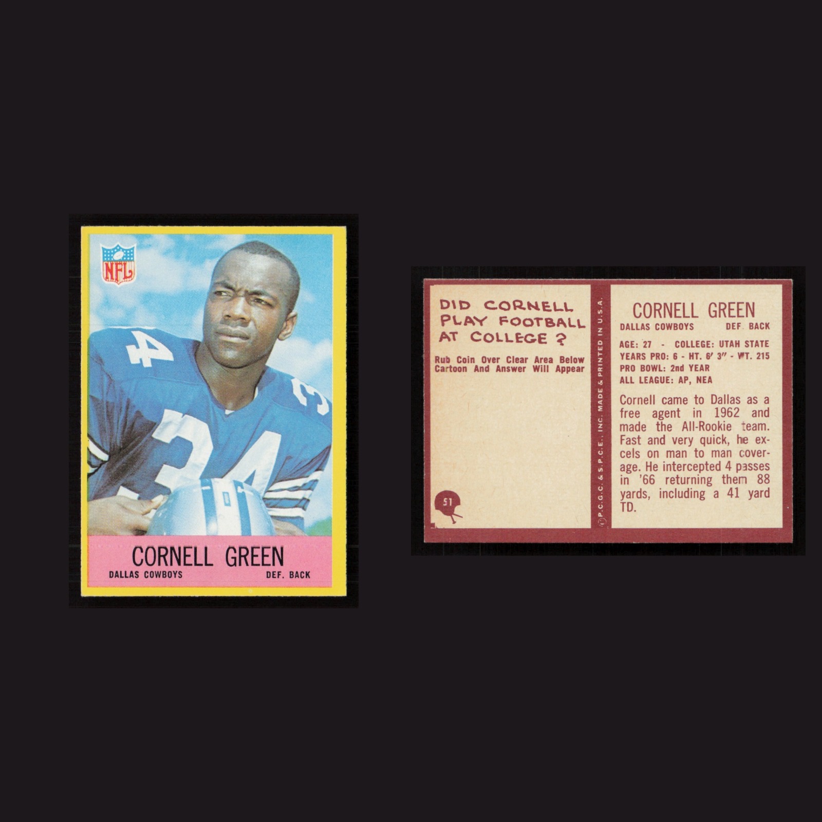 1967 Cornell Green #51 NM-MT Philadelphia Dallas Cowboys Vintage Football Card front and back scans. Card condition is Near Mint.