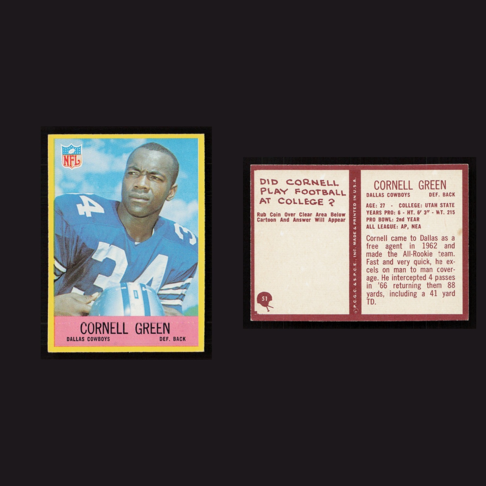 1967 Cornell Green #51 MINT Philadelphia Dallas Cowboys Vintage Football Card front and back scans. Card condition is Near Mint.
