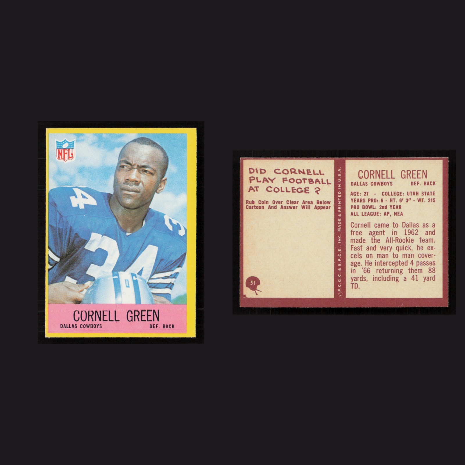 1967 Cornell Green #51 NM Philadelphia Dallas Cowboys Vintage Football Card NFL front and back scans. Card condition is Near Mint.