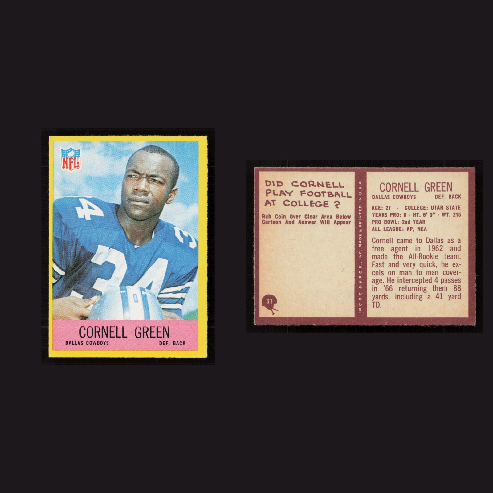1967 Cornell Green #51 NM Philadelphia Dallas Cowboys Vintage Football Card NFL front and back scans. Card condition is Near Mint.
