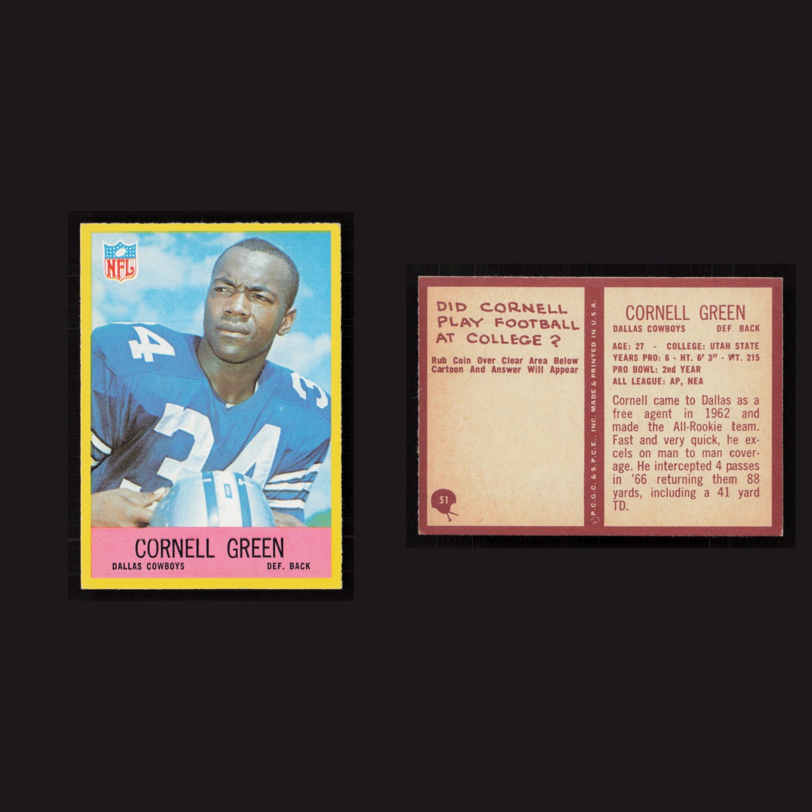 1967 Cornell Green #51 NM-MT Philadelphia Dallas Cowboys Vintage Football Card front and back scans. Card condition is Near Mint.