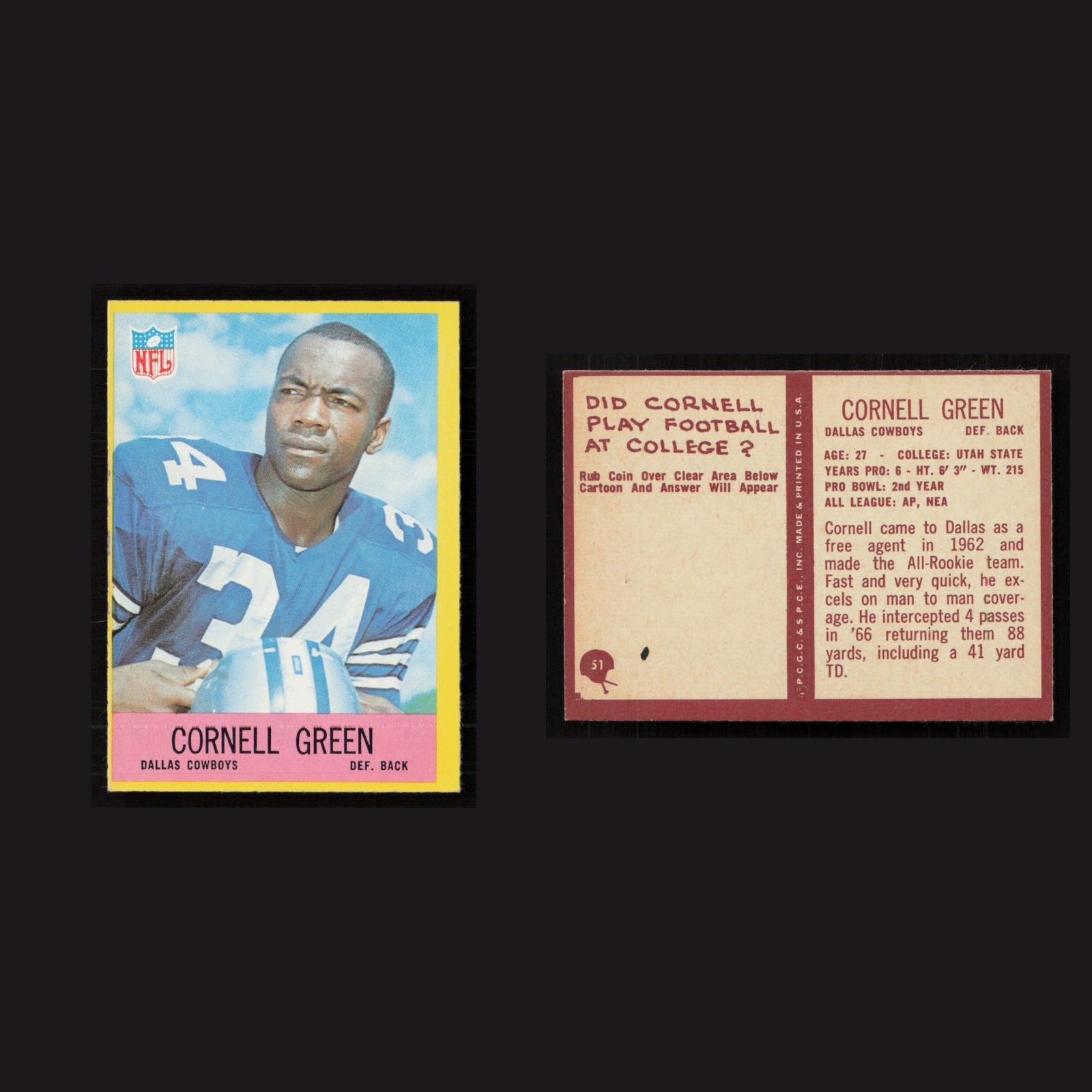 1967 Cornell Green #51 NM Philadelphia Dallas Cowboys Vintage Football Card NFL front and back scans. Card condition is Near Mint.
