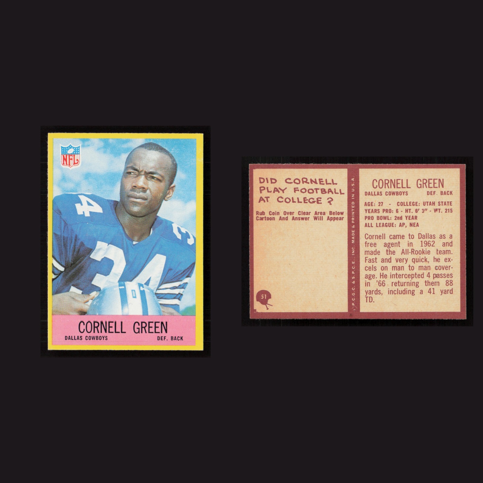 1967 Cornell Green #51 NM-MT Philadelphia Dallas Cowboys Vintage Football Card front and back scans. Card condition is Near Mint.