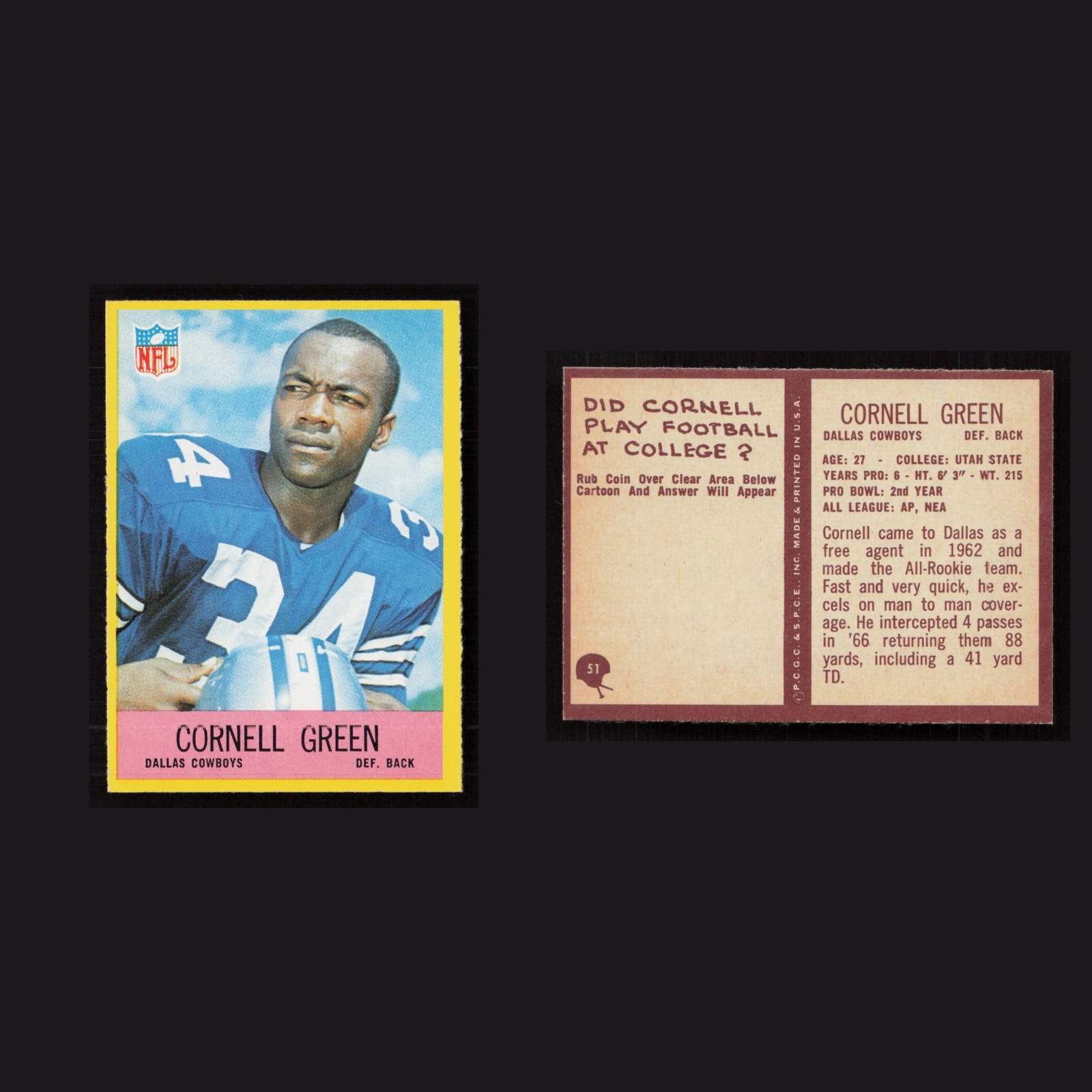 1967 Cornell Green #51 NM-MT Philadelphia Dallas Cowboys Vintage Football Card front and back scans. Card condition is Near Mint.