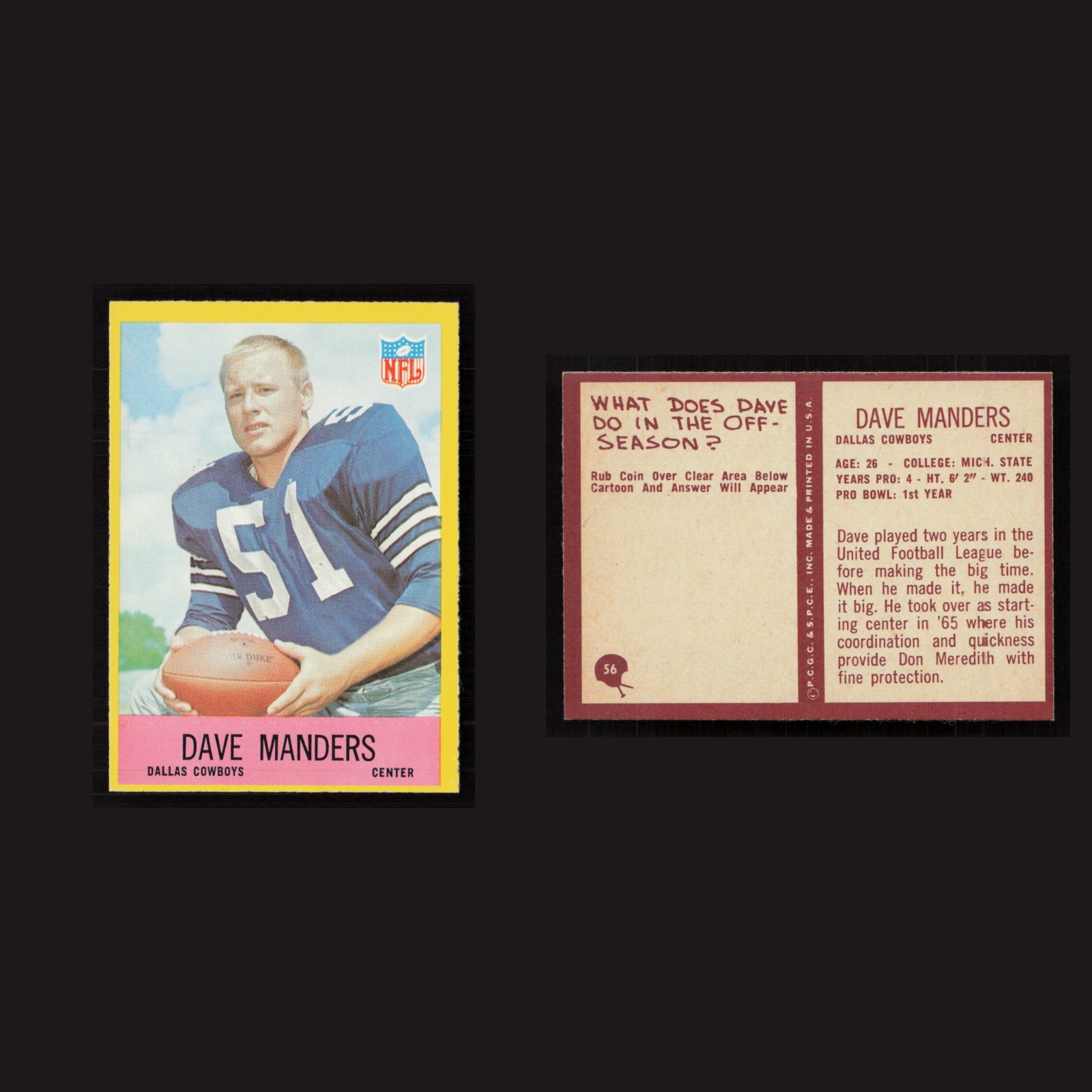 1967 Dave Manders #56 NM-MT Philadelphia Dallas Cowboys Vintage Football Card front and back scans. Card condition is Near Mint.