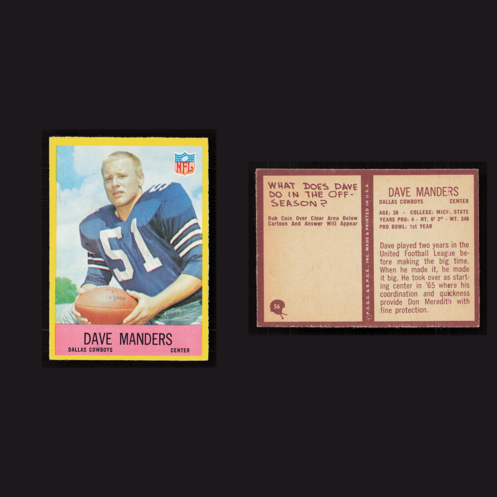 1967 Dave Manders #56 MINT Philadelphia Dallas Cowboys Vintage Football Card NFL front and back scans. Card condition is Near Mint.