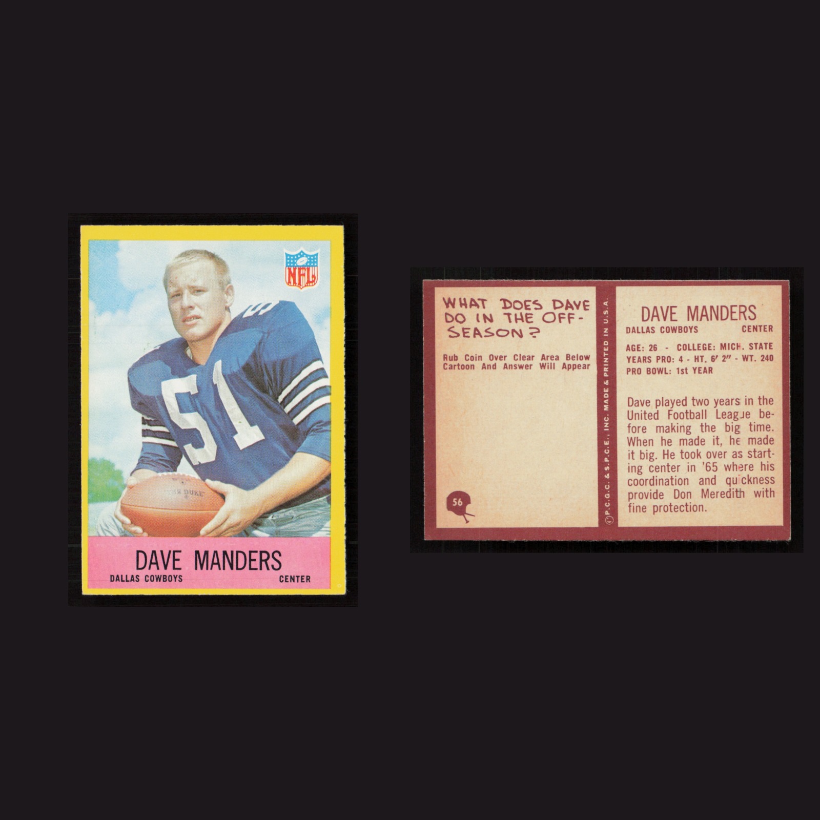 1967 Dave Manders #56 NM-MT Philadelphia Dallas Cowboys Vintage Football Card front and back scans. Card condition is Near Mint.