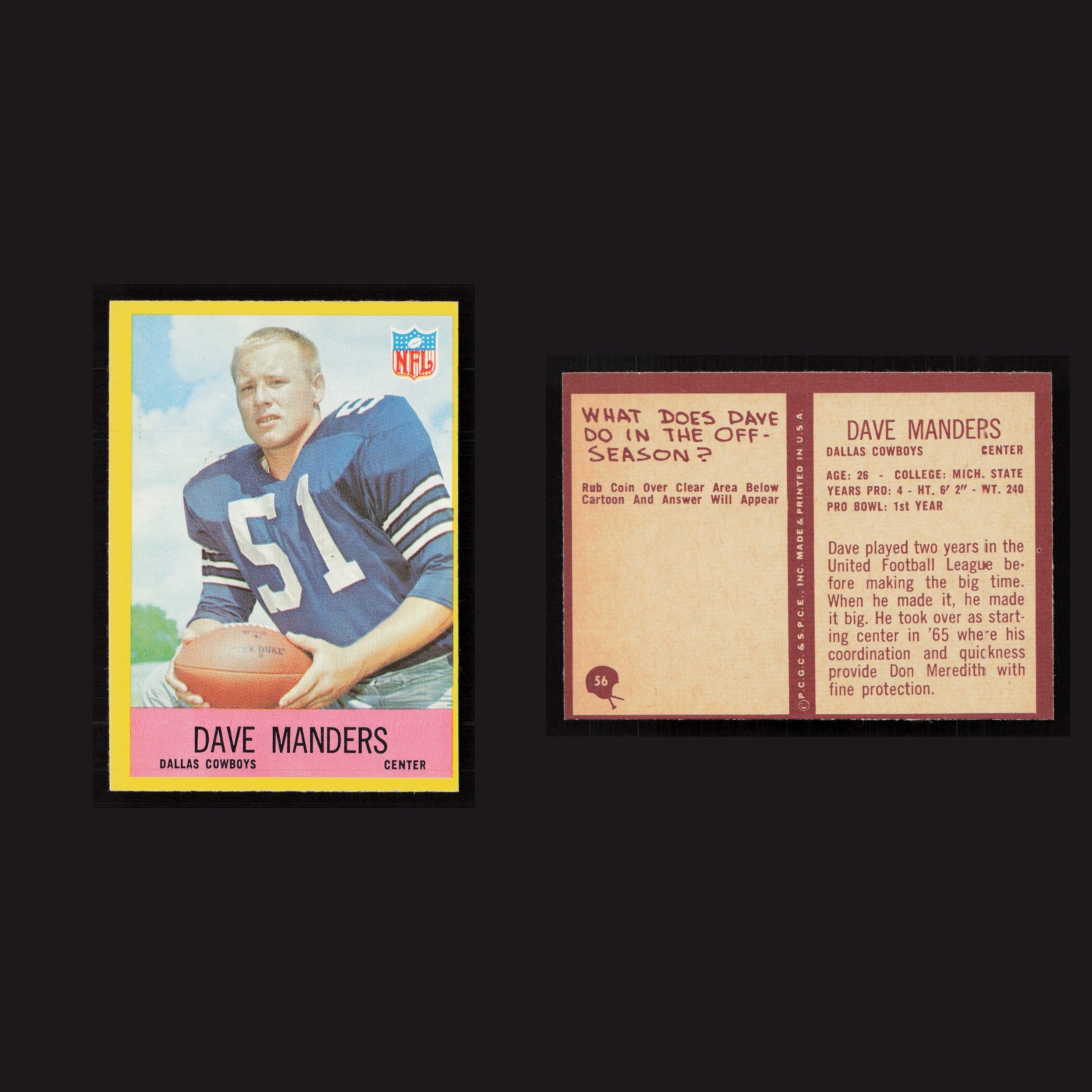 1967 Dave Manders #56 NM Philadelphia Dallas Cowboys Vintage Football Card NFL front and back scans. Card condition is Near Mint.