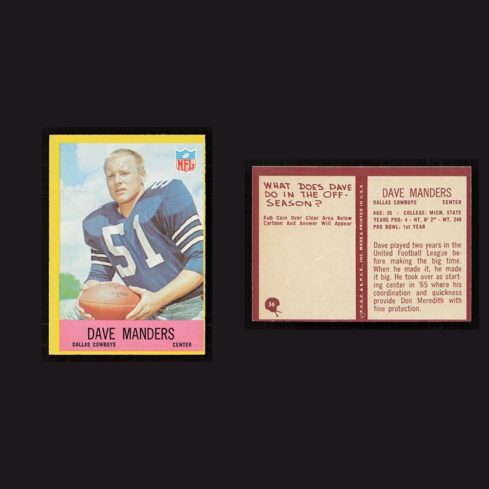 1967 Dave Manders #56 NM Philadelphia Dallas Cowboys Vintage Football Card NFL front and back scans. Card condition is Near Mint.